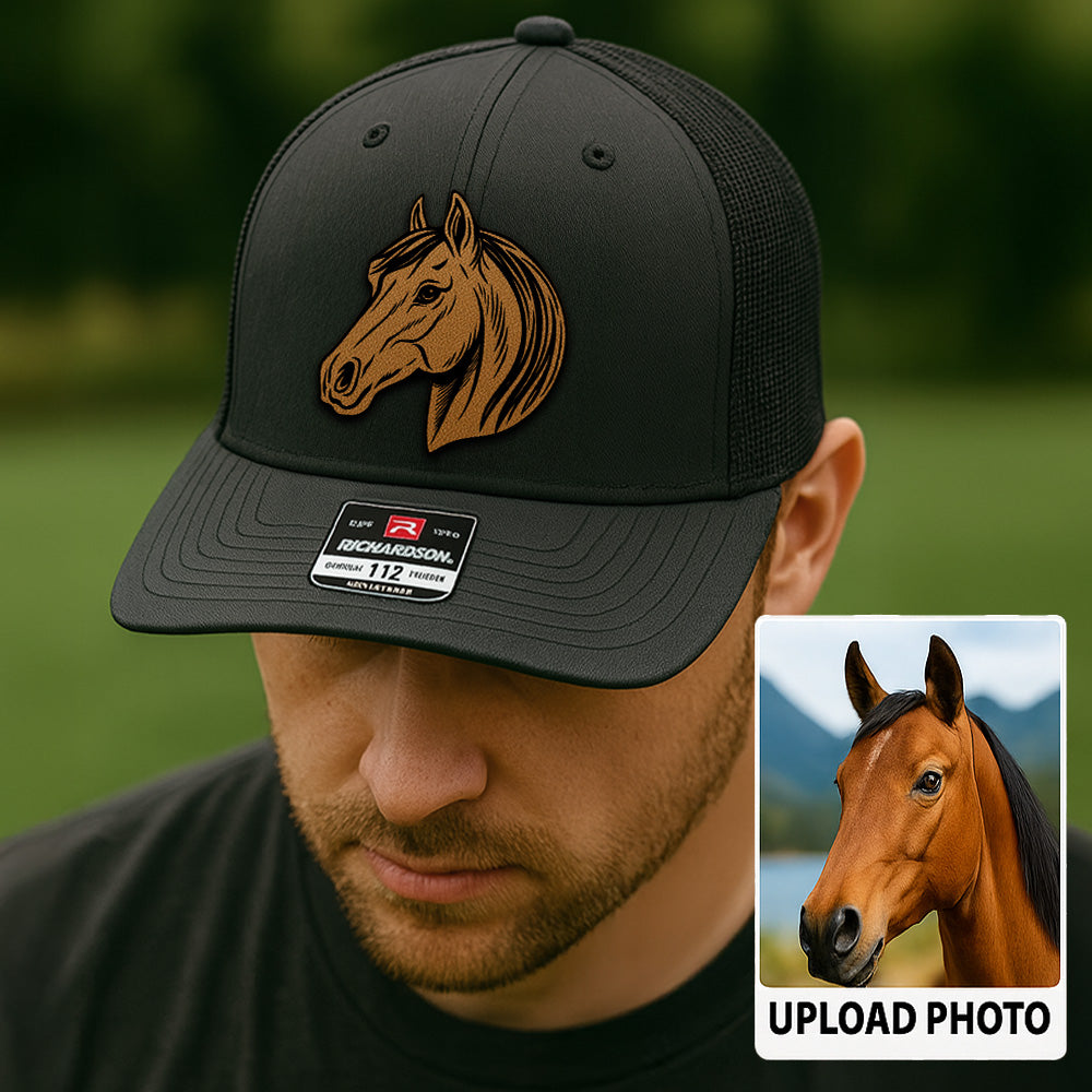 Custom Pet Photo Trucker Hat – Personalized Leather Patch Hat – Horse Portrait Gift – Custom Pet Face Hat P99A17