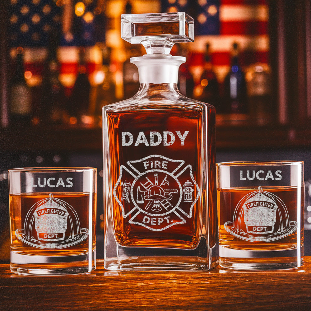 Firefighter Dad Whiskey Decanter Set, Personalized Name Glass Gift for Dad