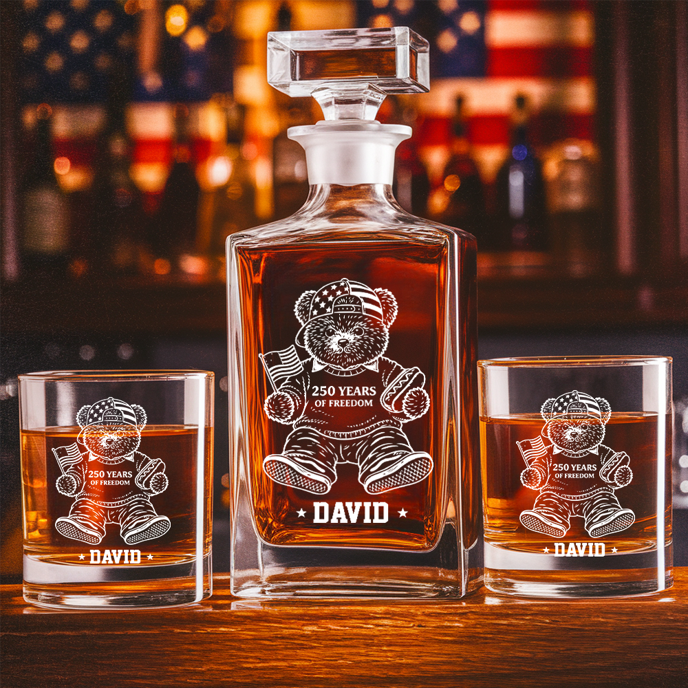 Personalized America 250 Years Engraved Whiskey Decanter Set, Patriotic Teddy Bear Gift 1776–2026 THUC99
