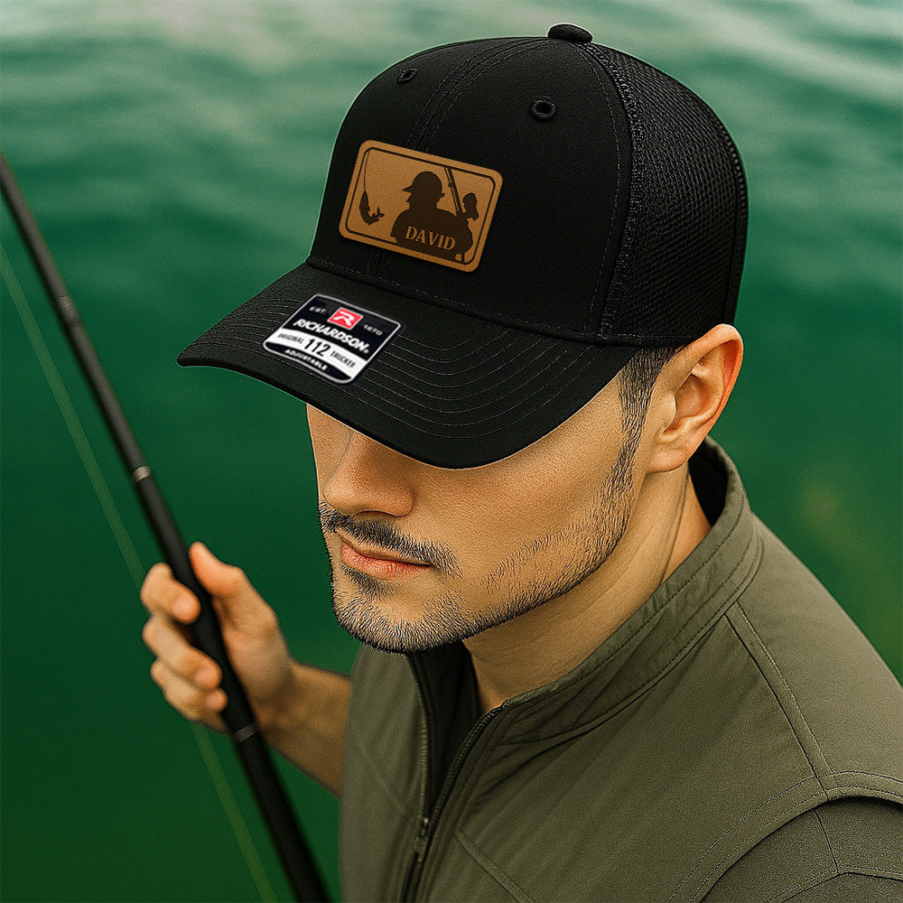 Custom Logo Fishing Leather Patch Hat – Perfect Gift for Fisherman, Dad, or Grandpa THUC99MF01