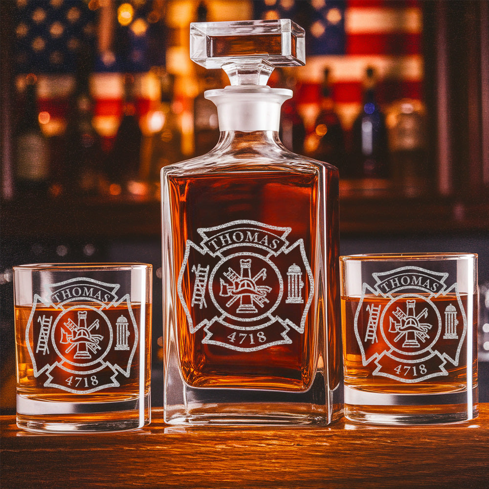 Personalized Firefighter Decanter Set – Custom Fire Dept Name & Number Engraved Whiskey Gift