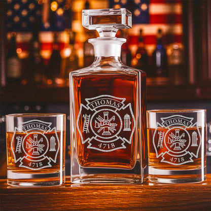 Personalized Firefighter Decanter Set – Custom Fire Dept Name & Number Engraved Whiskey Gift