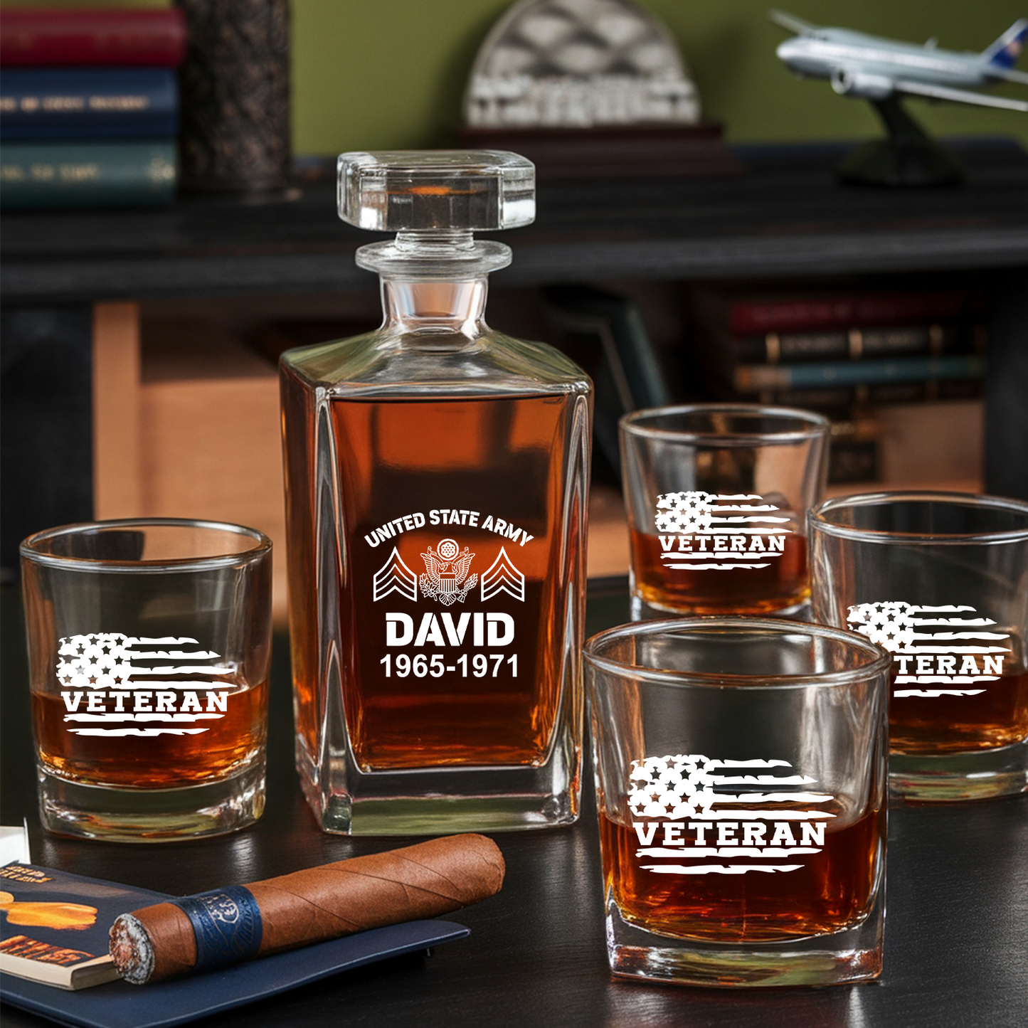 Custom U.S Veteran Whiskey Decanter Set, Personalized Engraved Whiskey Glass, Military Veteran Gift, Gift For Independence Day TND091