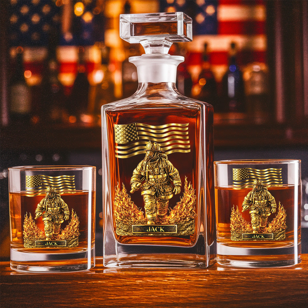 Personalized Firefighter Decanter Set – Gold Fireman & American Flag Custom Whiskey Gift