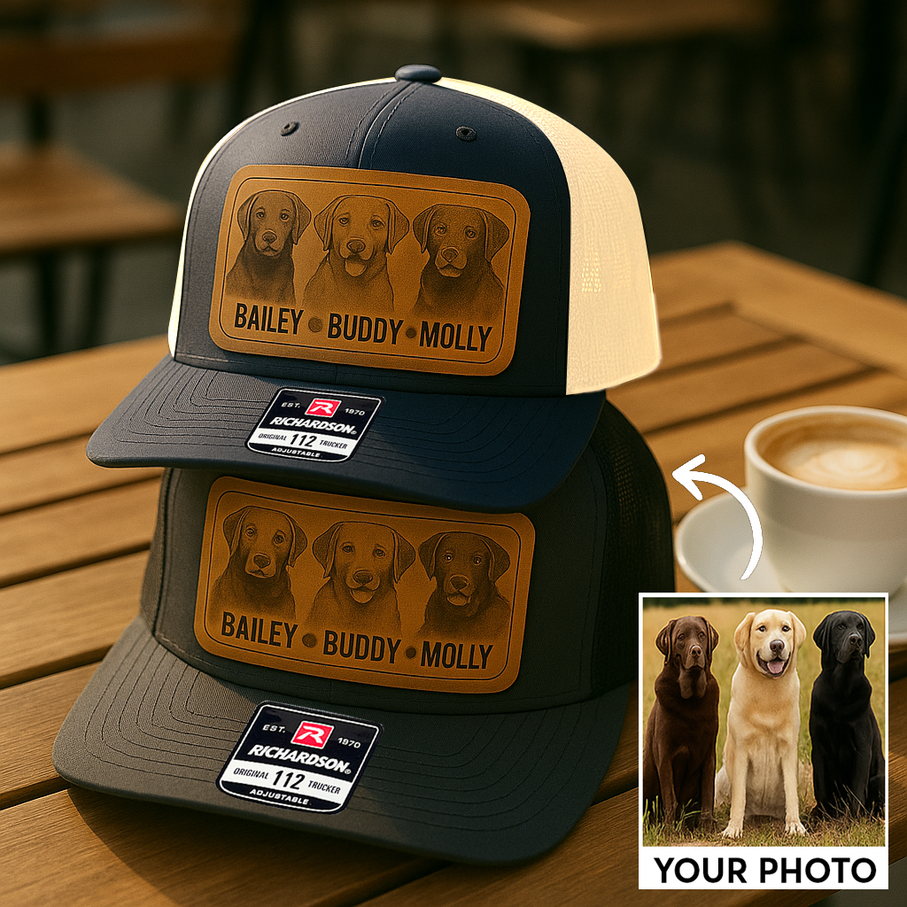 Custom Pet Photo Trucker Hat – Personalized Leather Patch Hat – Dogs Dad Gift – Custom Pet Memorial Hat - Dog Engraved Hat NGOC99A6