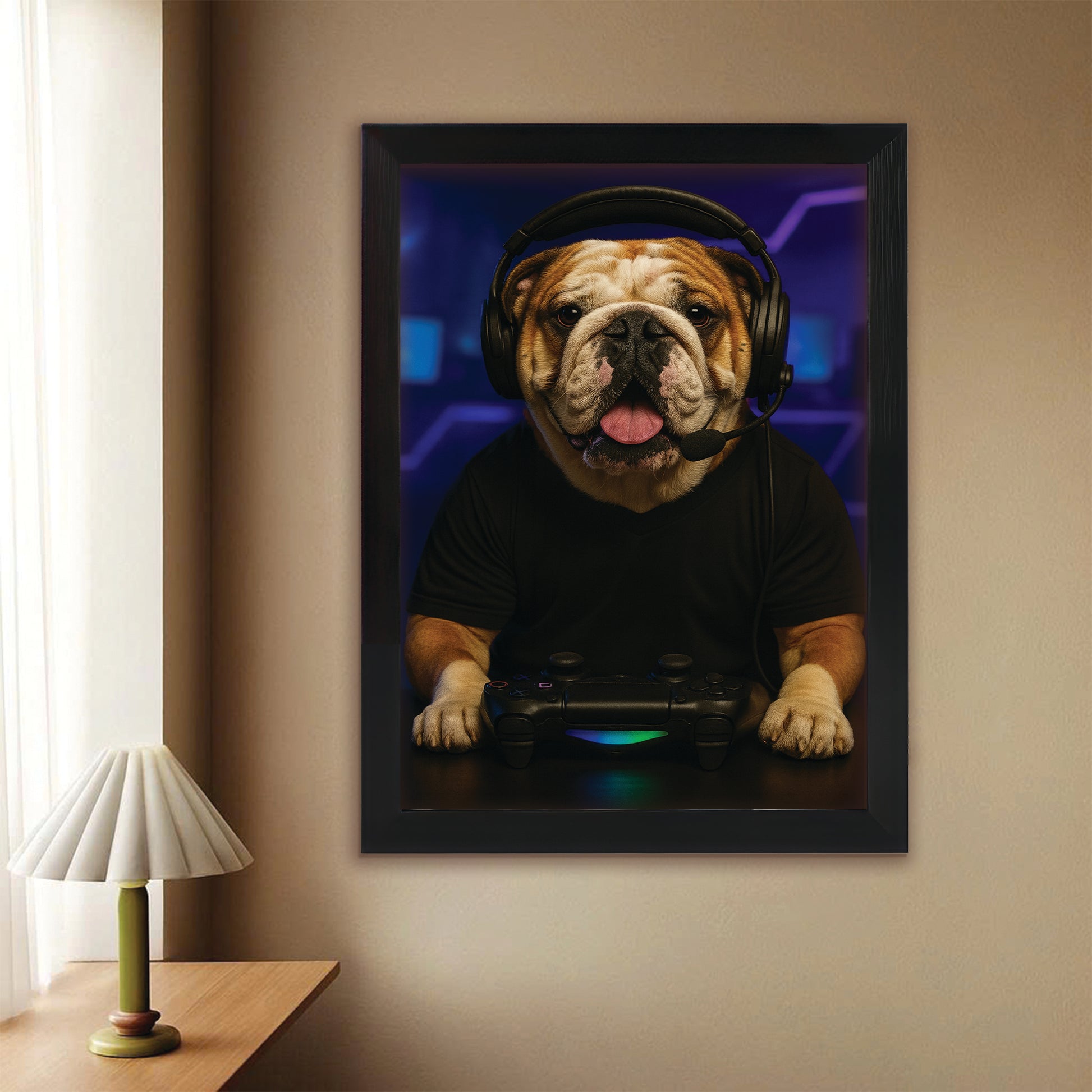 Custom Photo Gamer Dog Canvas Framed Wall Art Gift For Dog Lovers