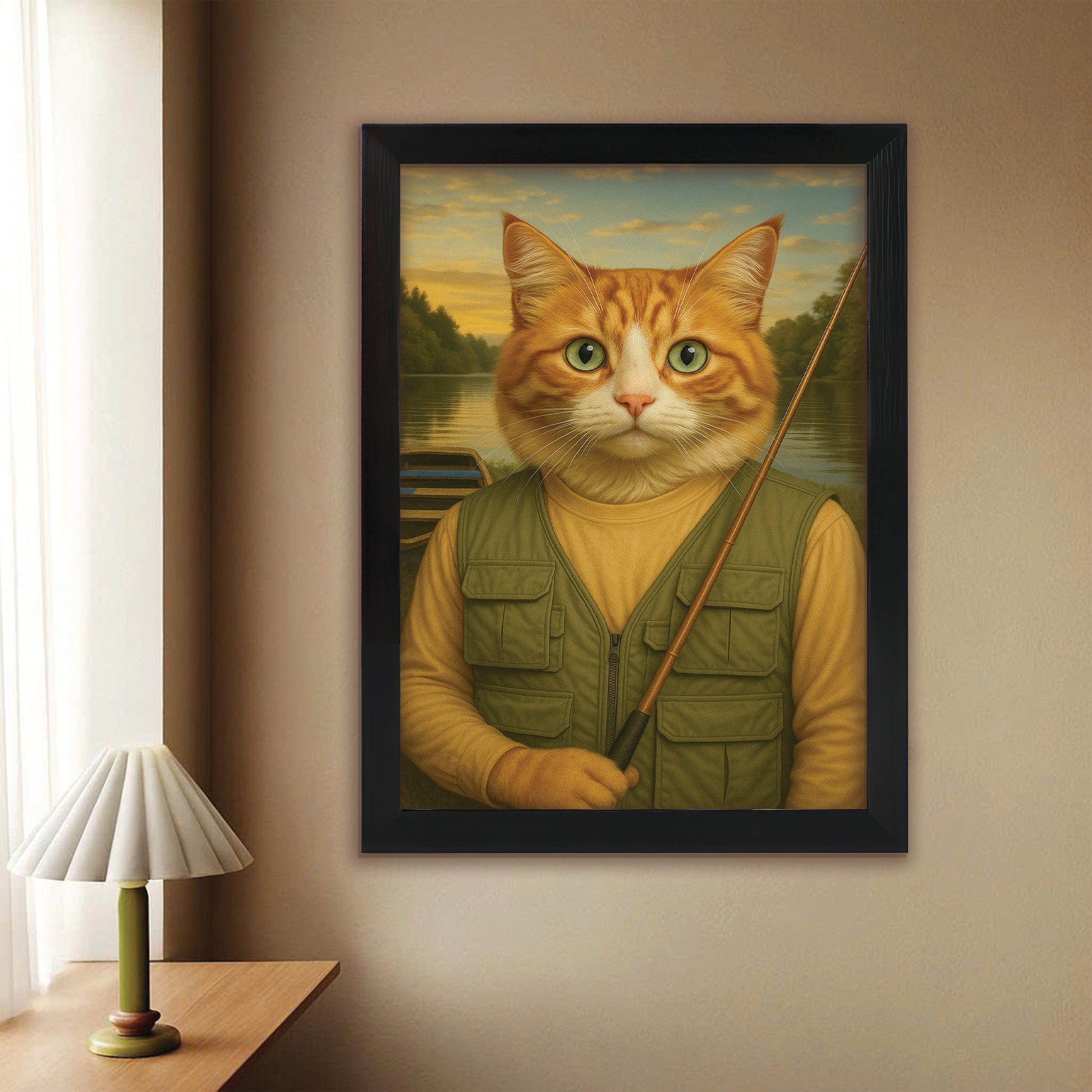 Custom Photo Fisherman Cat Canvas Framed Wall Art
