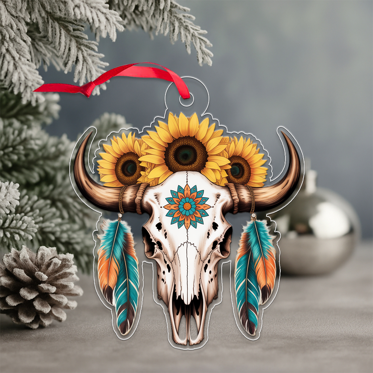 Personalized Bull Skull And Sunflower Acrylic Ornament Christmas Gift