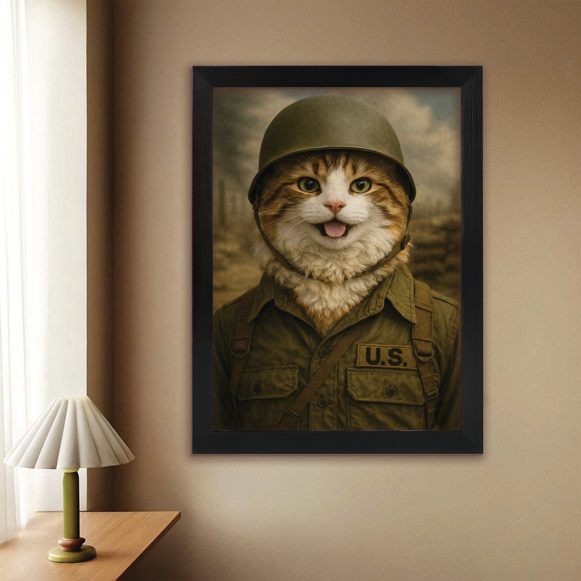 Custom Photo Military Cat Canvas Framed Wall Art  Gift For Cat Lovers