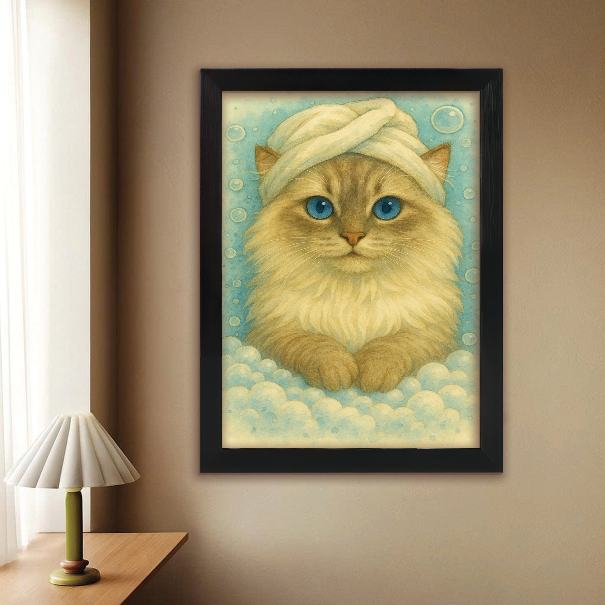 Custom Cat Potrait In Bathroom Canvas Framed Wall Art