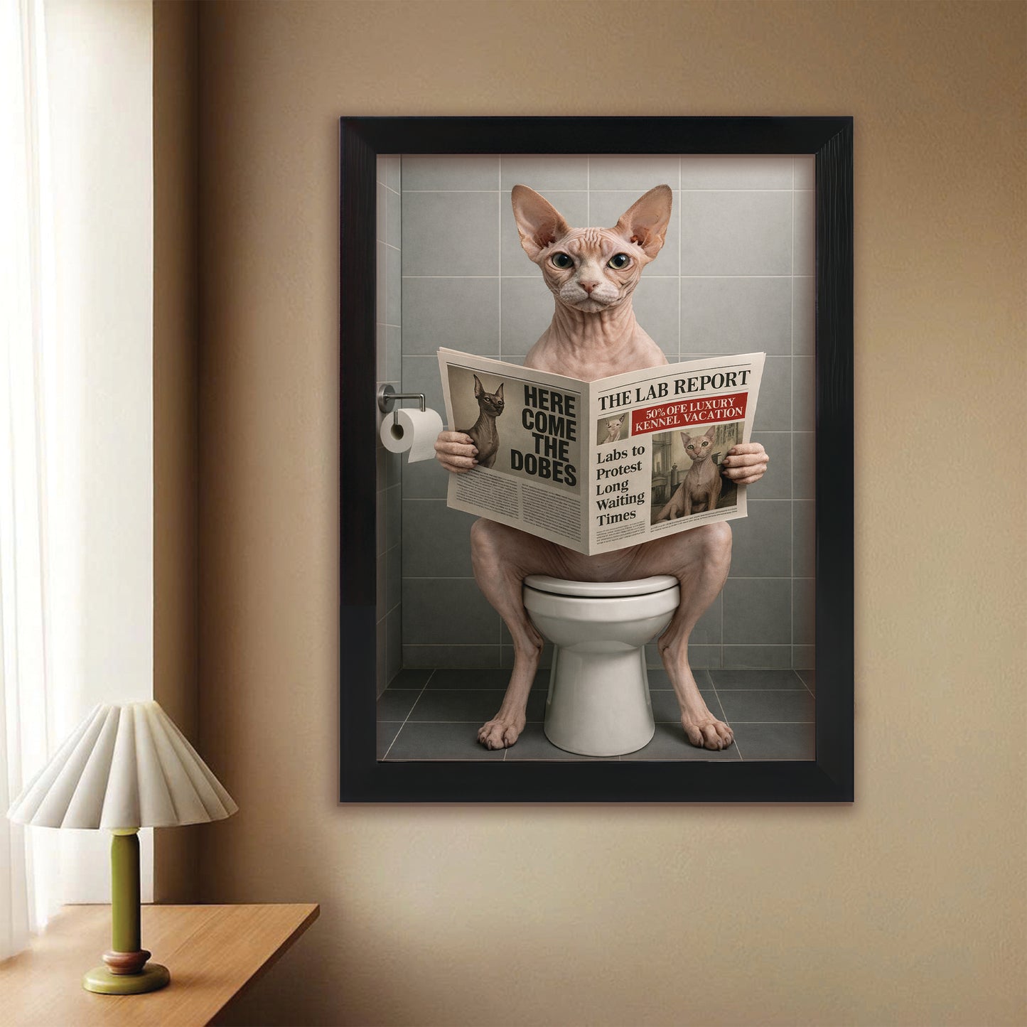 Custom Photo Cat Bathroom Canvas Framed Wall Art Style 03 Gift For Cat Lovers