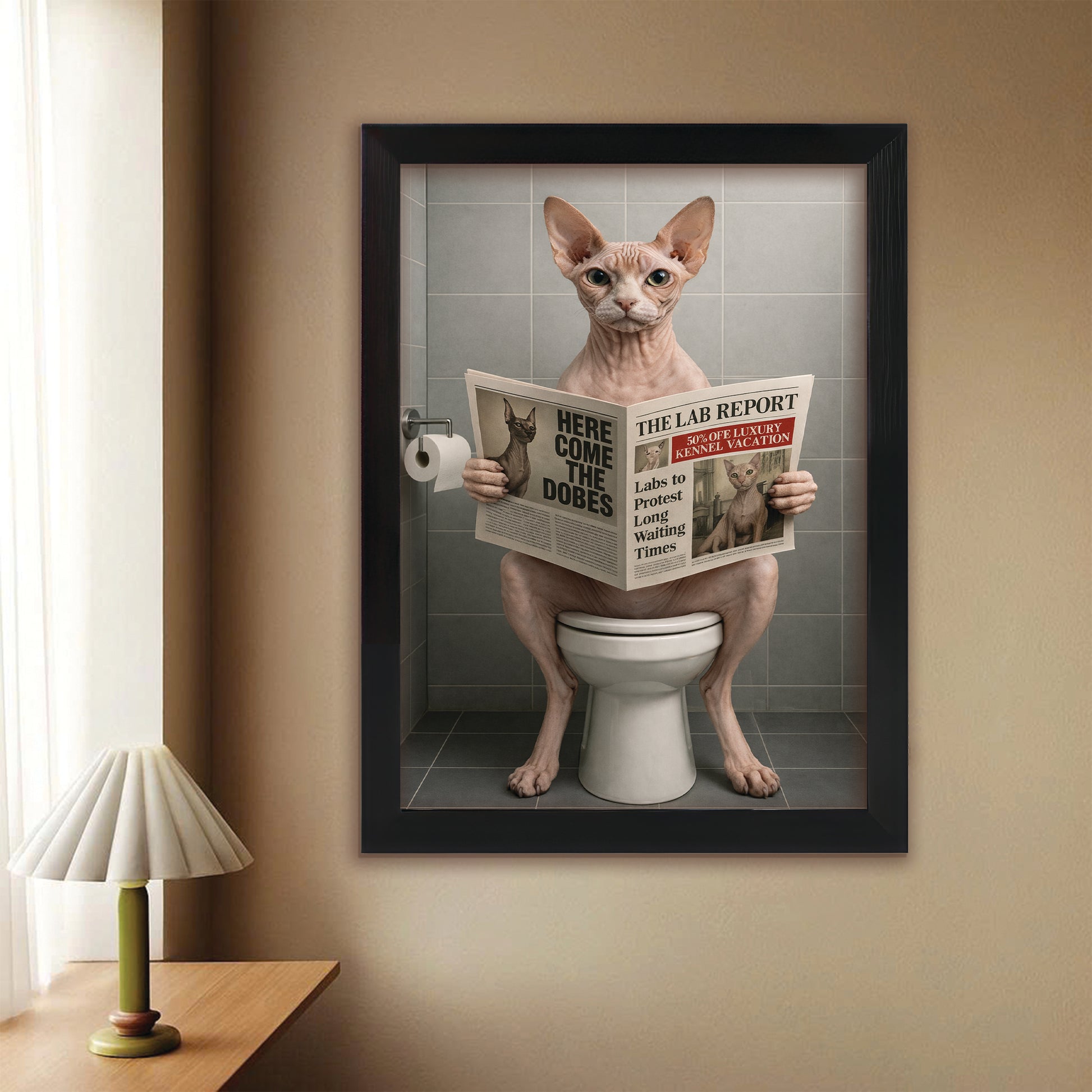 Custom Photo Cat Bathroom Canvas Framed Wall Art Style 03 Gift For Cat Lovers