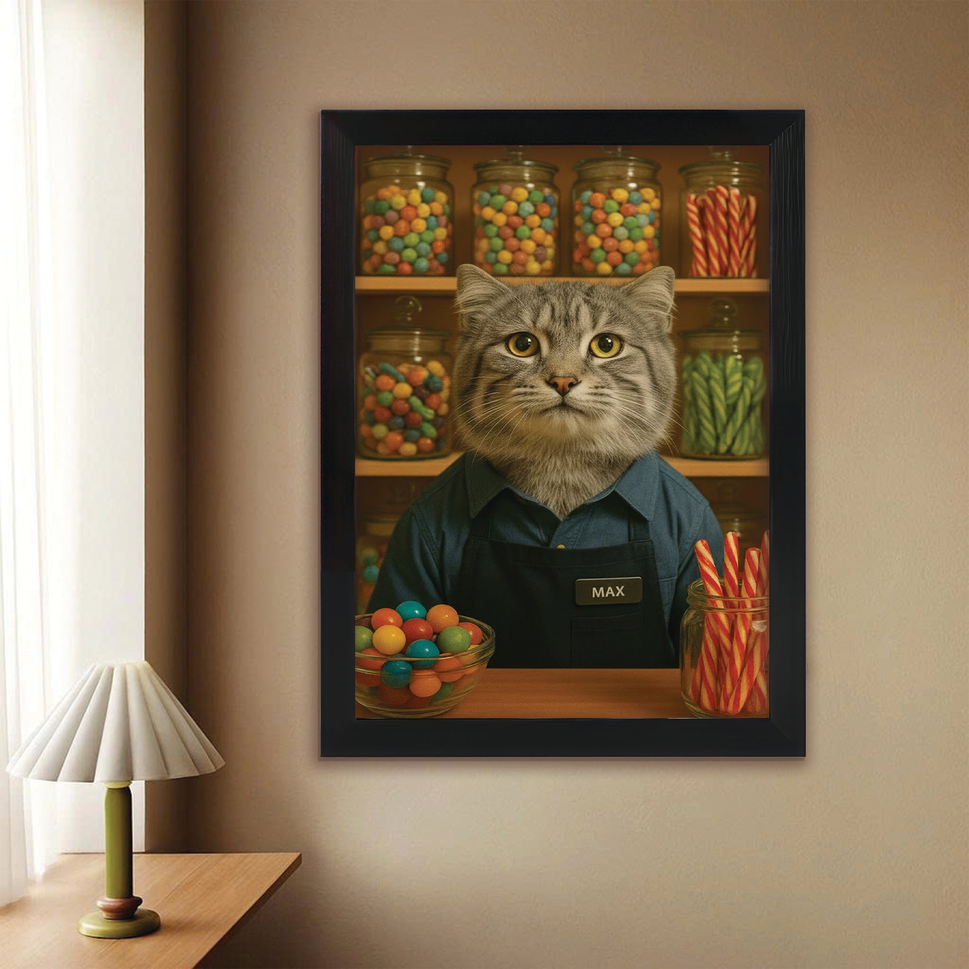 Custom Photo Candy Shop Cat Canvas Framed Wall Art Gift For Cat Lovers