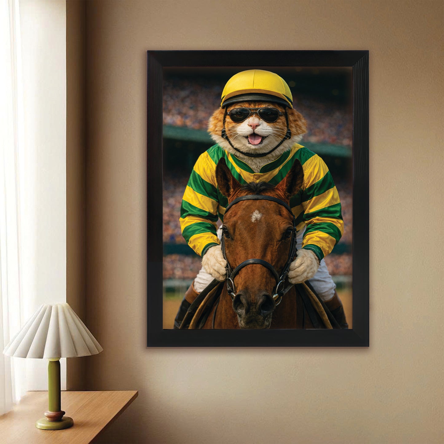 Custom Photo Jockey Horse Racing Cat Canvas Framed Wall Art  Gift For Cat Lovers