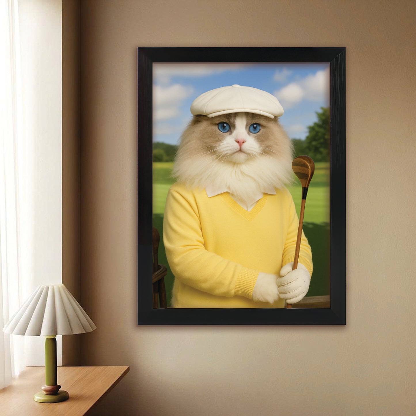 Custom Photo Golfer Cat Canvas Framed Wall Art Gift For Cat Lovers