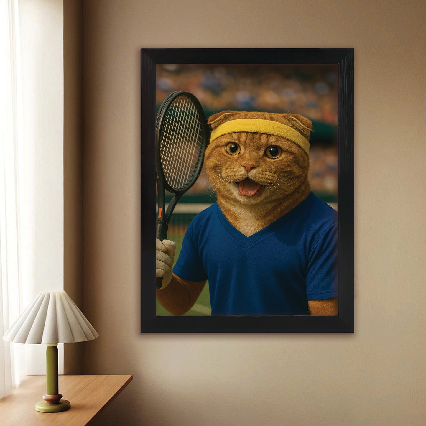 Custom Photo Tennis Player Cat Canvas Framed Wall Art Gift For Cat Lovers