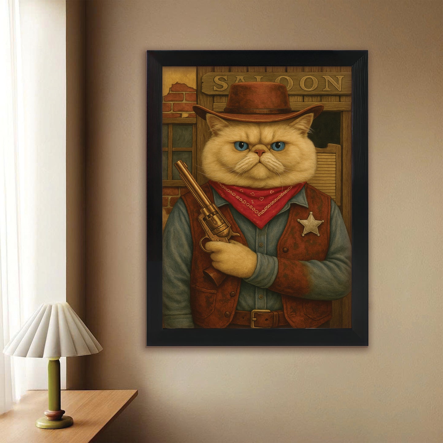 Custom Photo Cat Cowboy Canvas Framed Wall Art