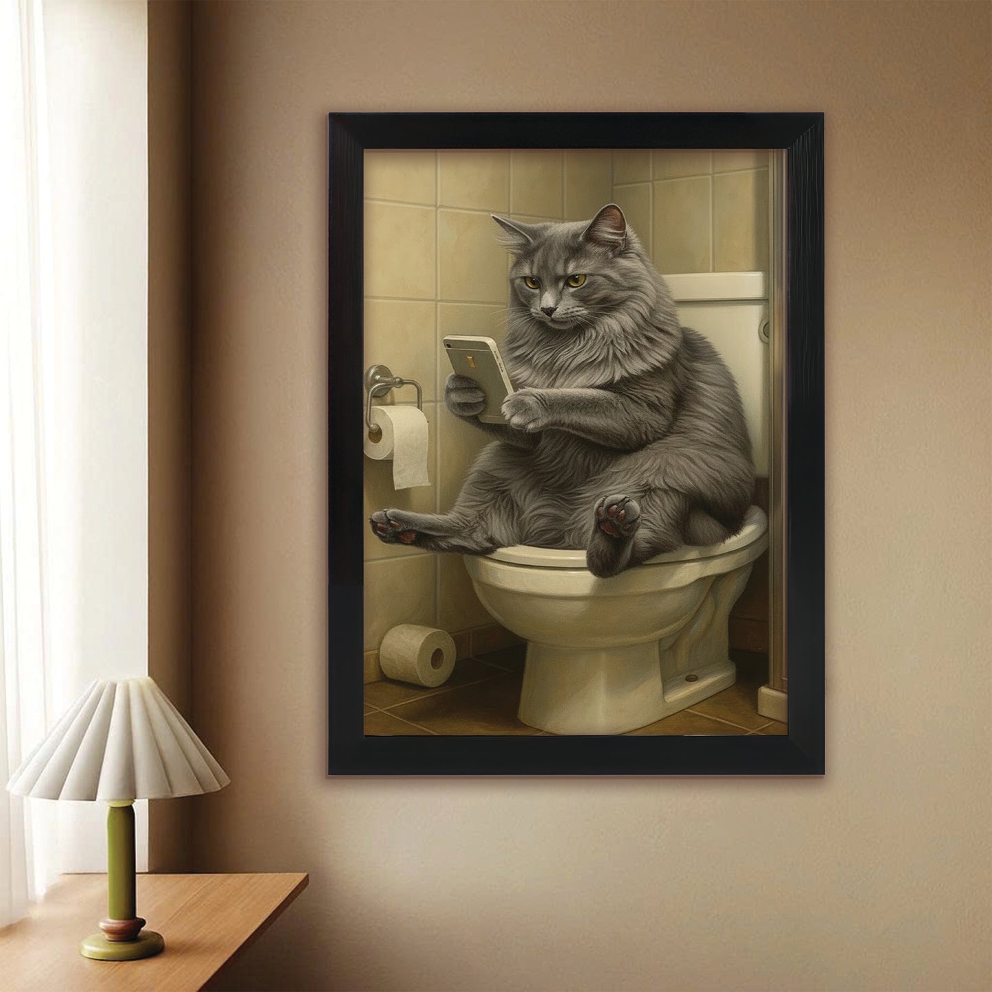 Custom Photo Cat Bathroom Style 3 Canvas Framed Wall Art Gift For Cat Lovers