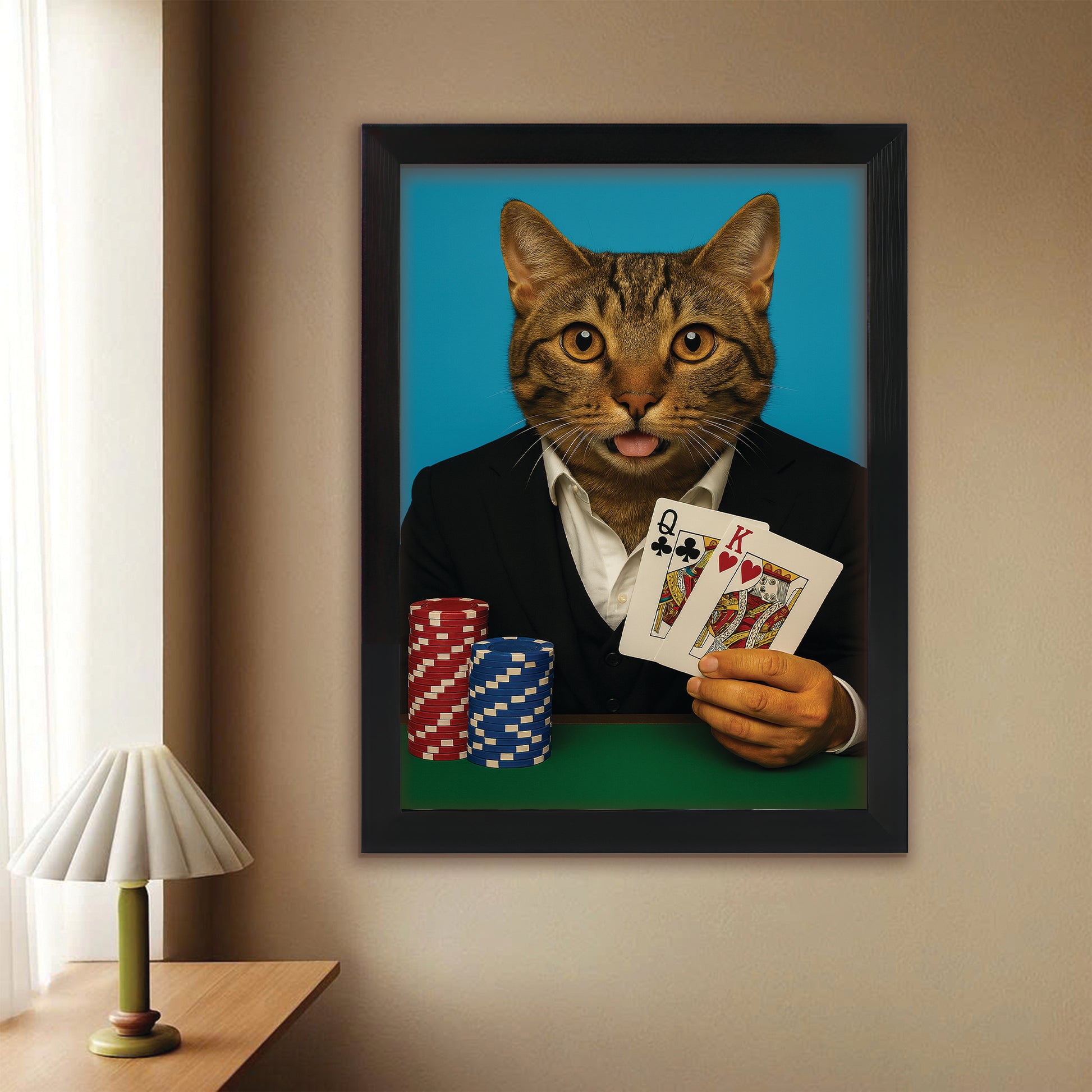 Custom Photo Poker Player Cat Canvas Framed Wall Art Gift For Cat Lovers