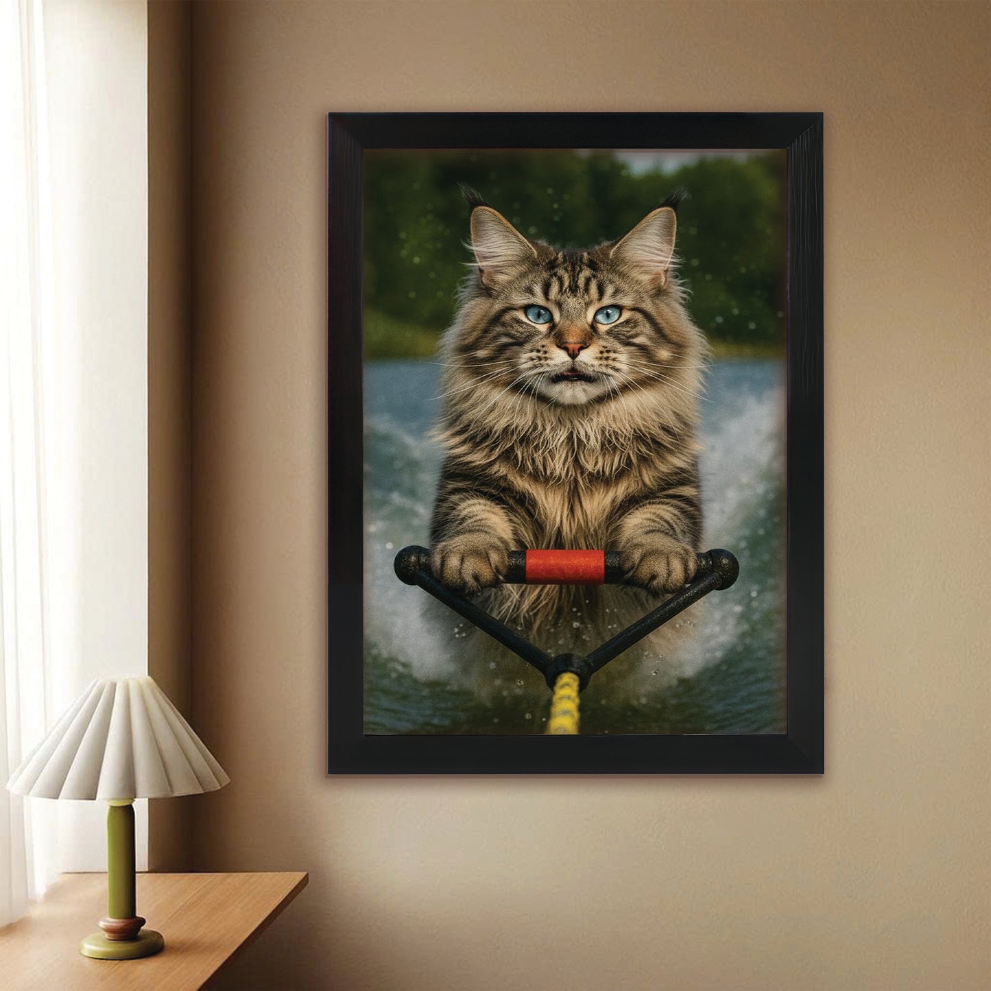 Custom Photo Water Ski Cat Canvas Framed Wall Art Gift For Cat Lovers