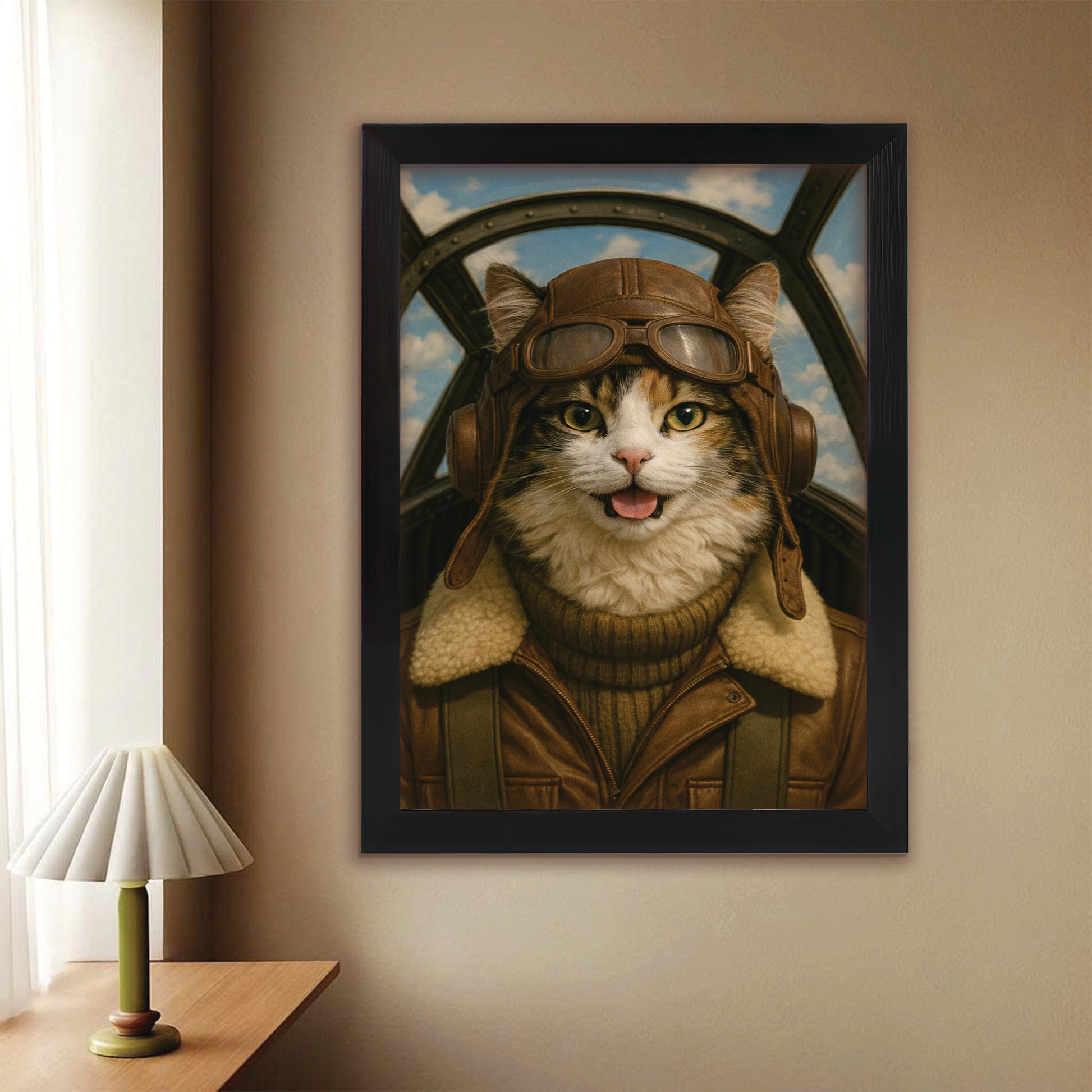 Custom Photo Pilot Cat Canvas Framed Wall Art Gift For Cat Lover