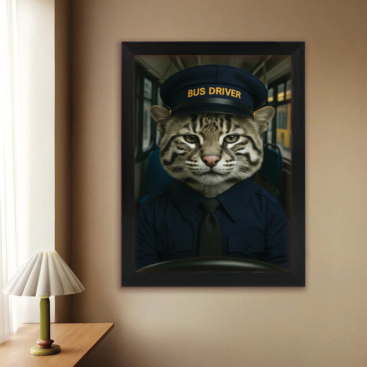 Custom Photo Bus Driver Cat Canvas Framed Wall Art Gift For Cat Lovers