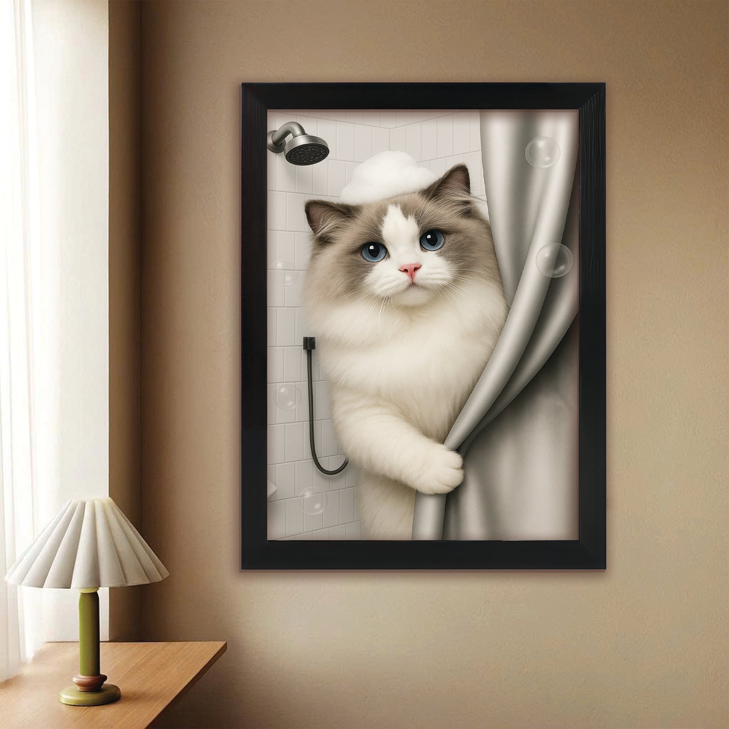 Custom Cat Photo Cat  In Bathroom Canvas Framed Wall Art Gift For Cat Lovers