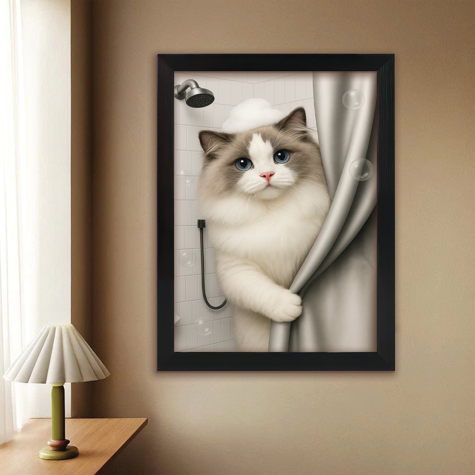 Custom Cat Photo Cat  In Bathroom Canvas Framed Wall Art Gift For Cat Lovers