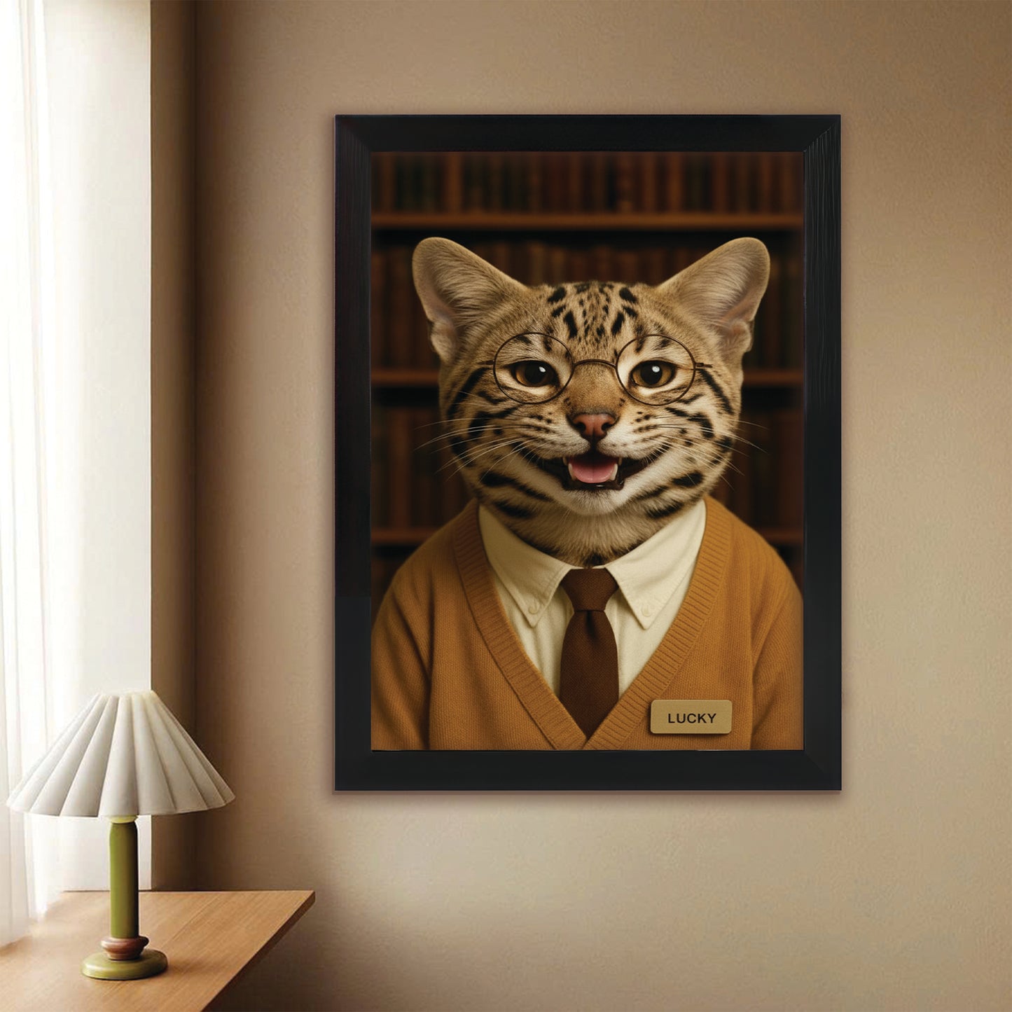 Custom Photo Librarian Book Lover Cat Canvas Framed Wall Art Gift For Cat Lovers