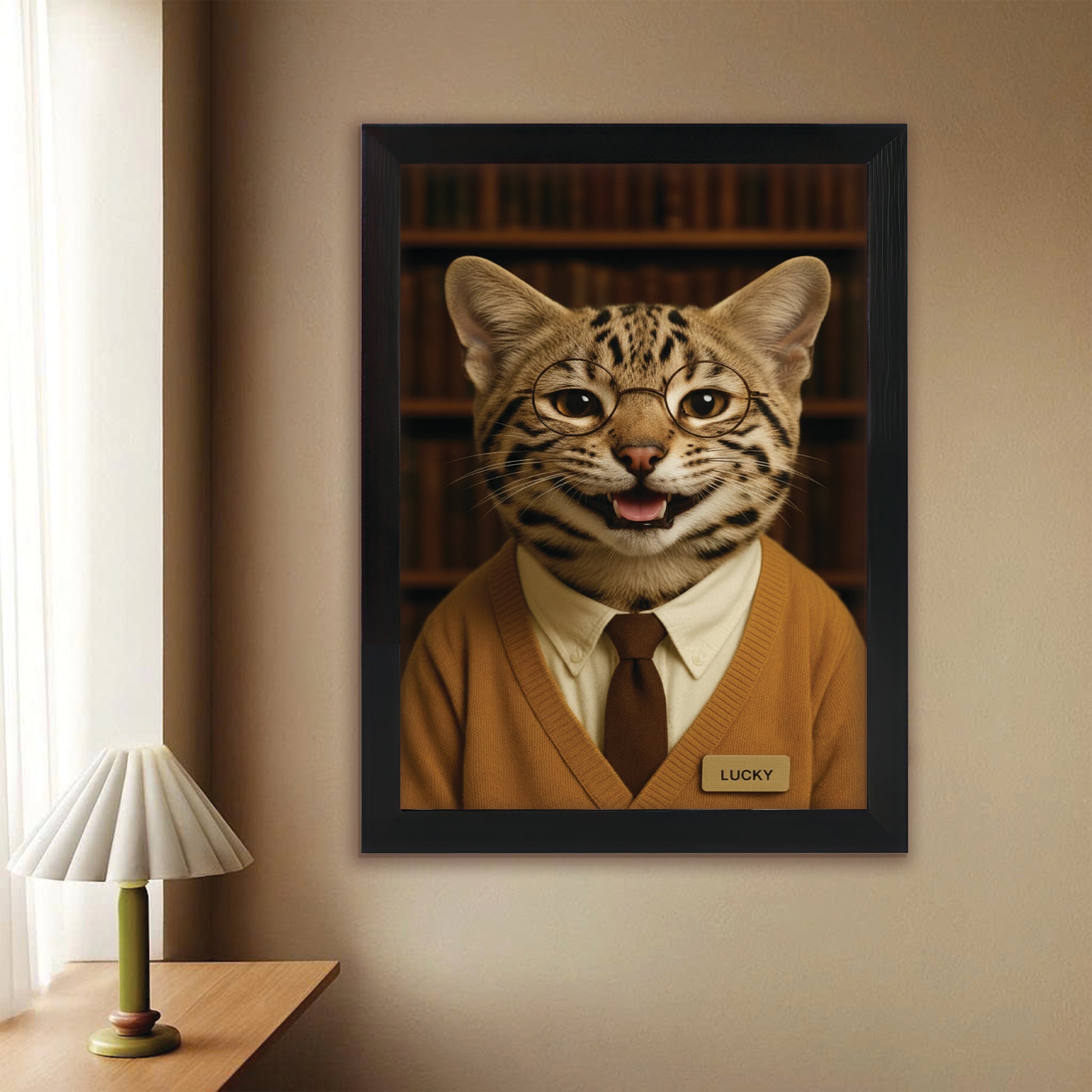 Custom Photo Librarian Book Lover Cat Canvas Framed Wall Art Gift For Cat Lovers