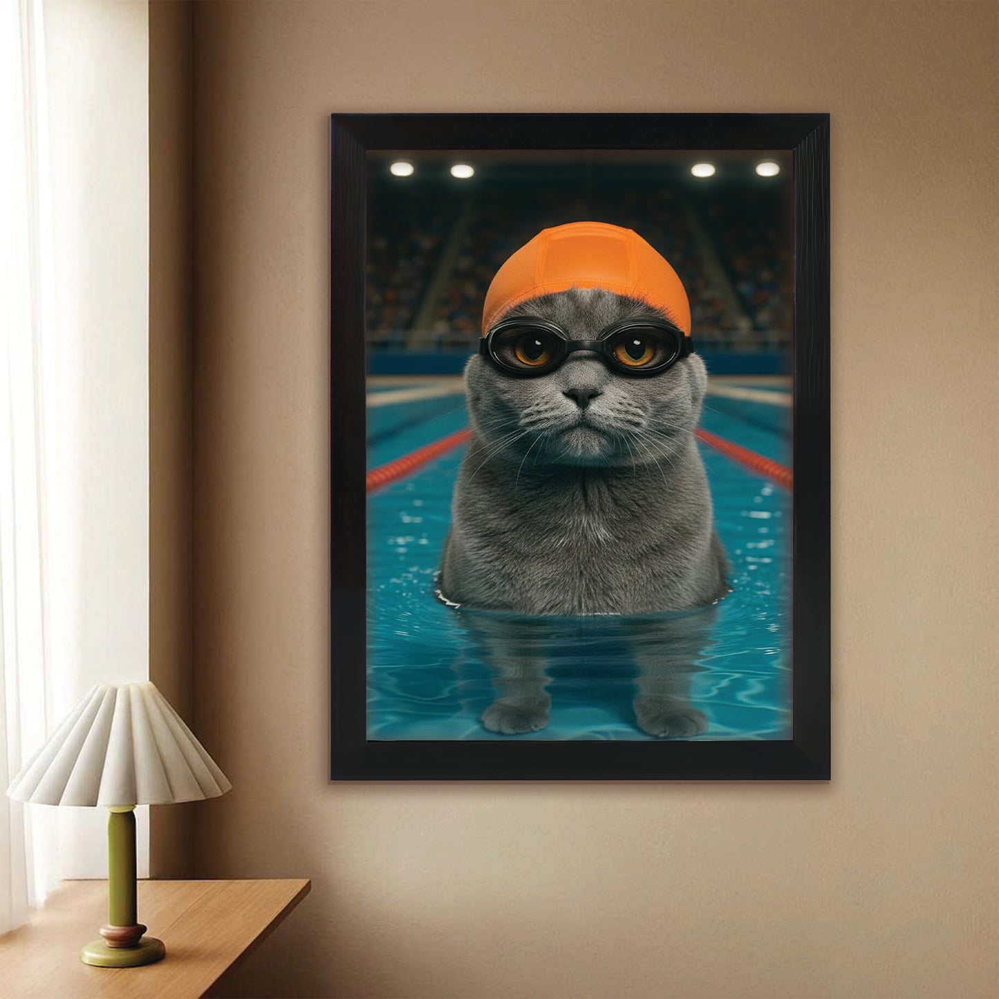 Custom Photo Swimmer  2 Cat Canvas Framed Wall Art Gift For Cat Lovers