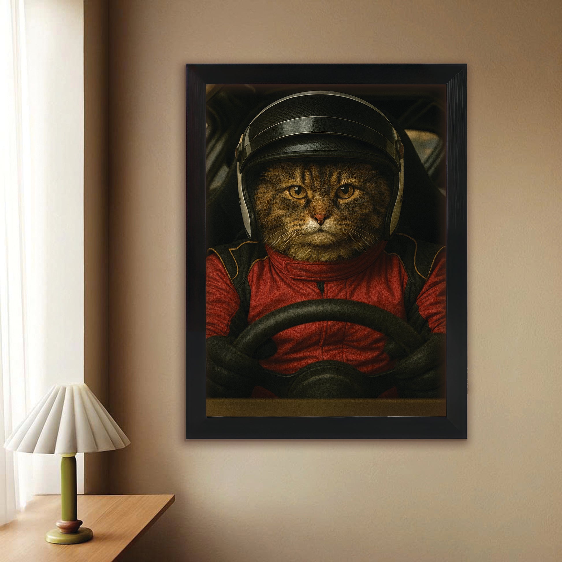 Custom Photo Racing Driver Cat Canvas Framed Wall Art Gift For Cat Lovers