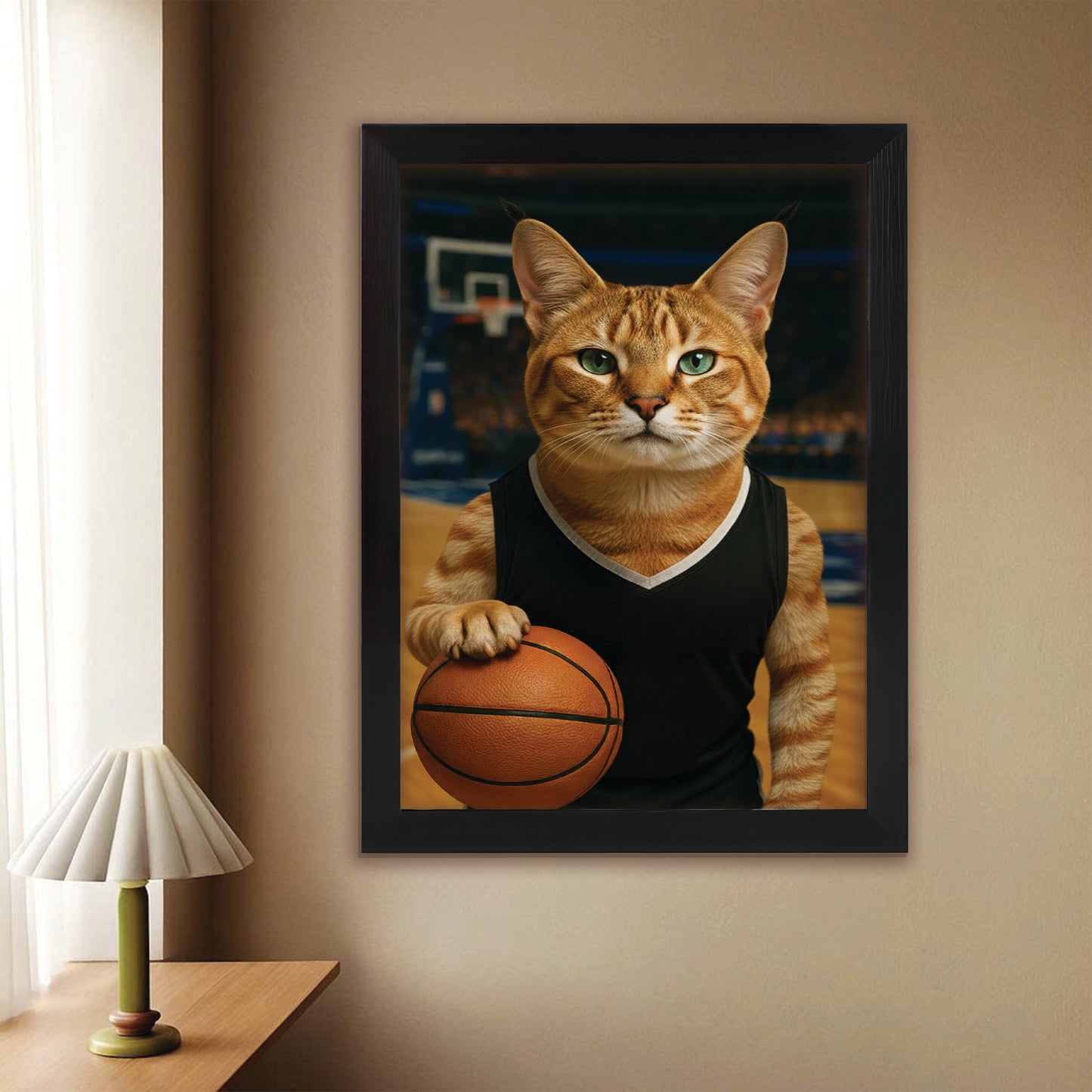 Custom Photo Basketball Player Cat Canvas Framed Wall Art Gift For Cat Lovers