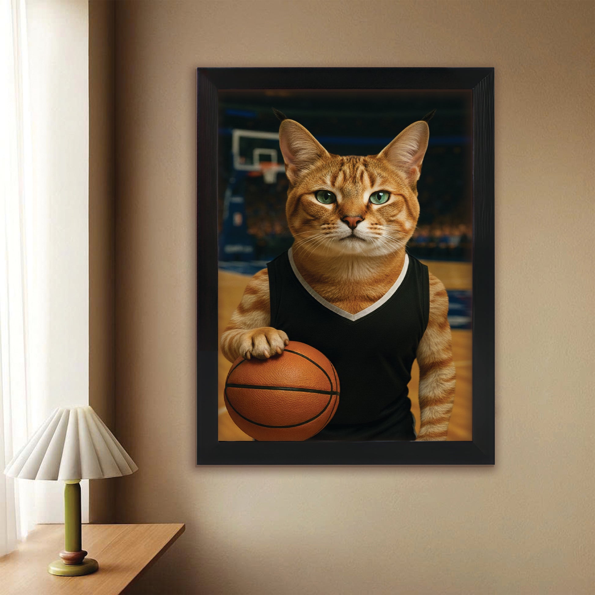 Custom Photo Basketball Player Cat Canvas Framed Wall Art Gift For Cat Lovers