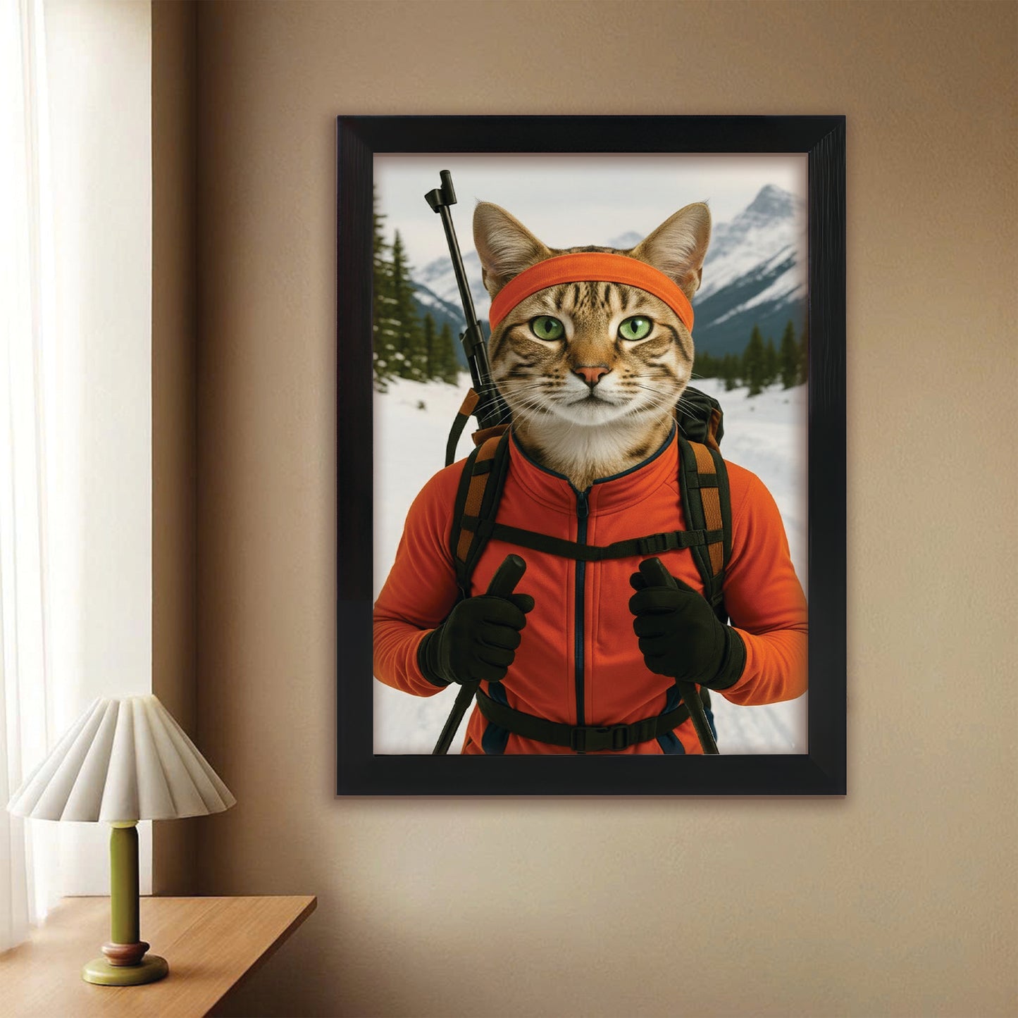 Custom Photo Biathlete Cross Country Skiing Cat Canvas Framed Wall Art Gift For Cat Lovers