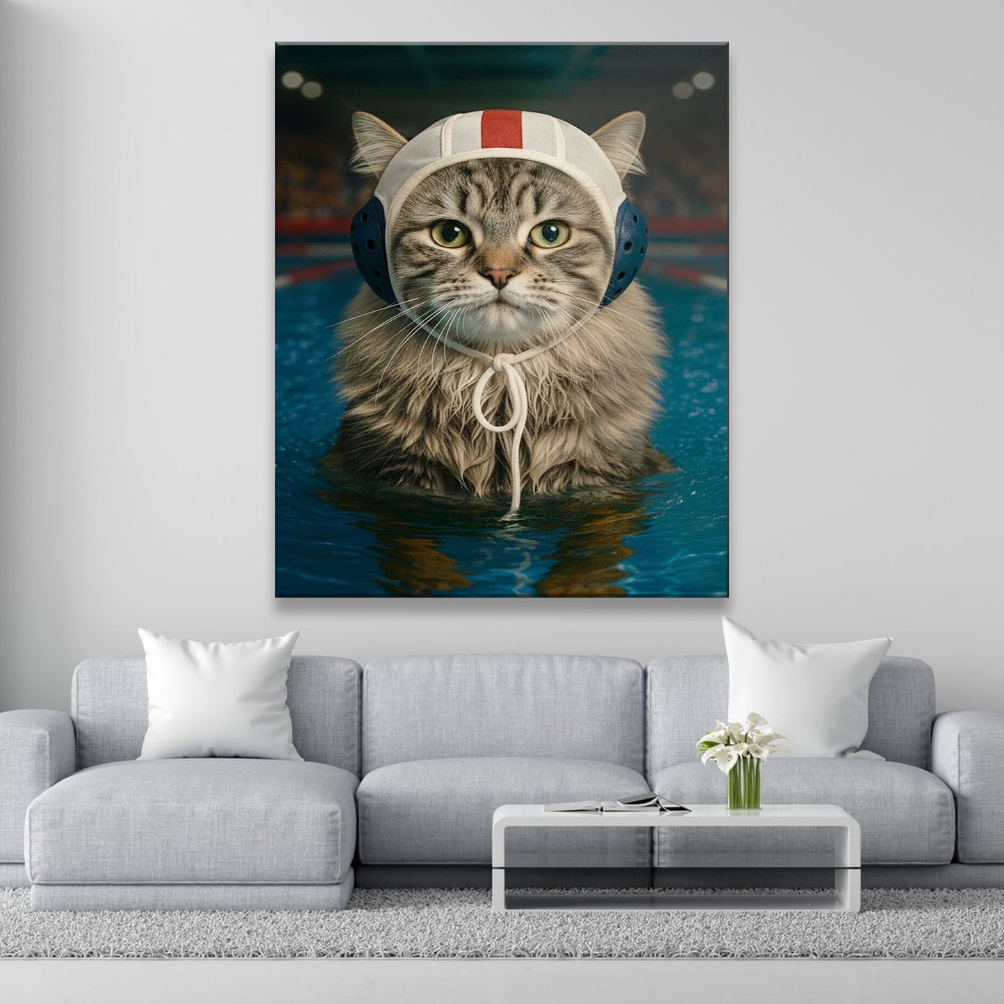 Custom Photo Swimmer Cat Canvas Gift For Cat Lovers