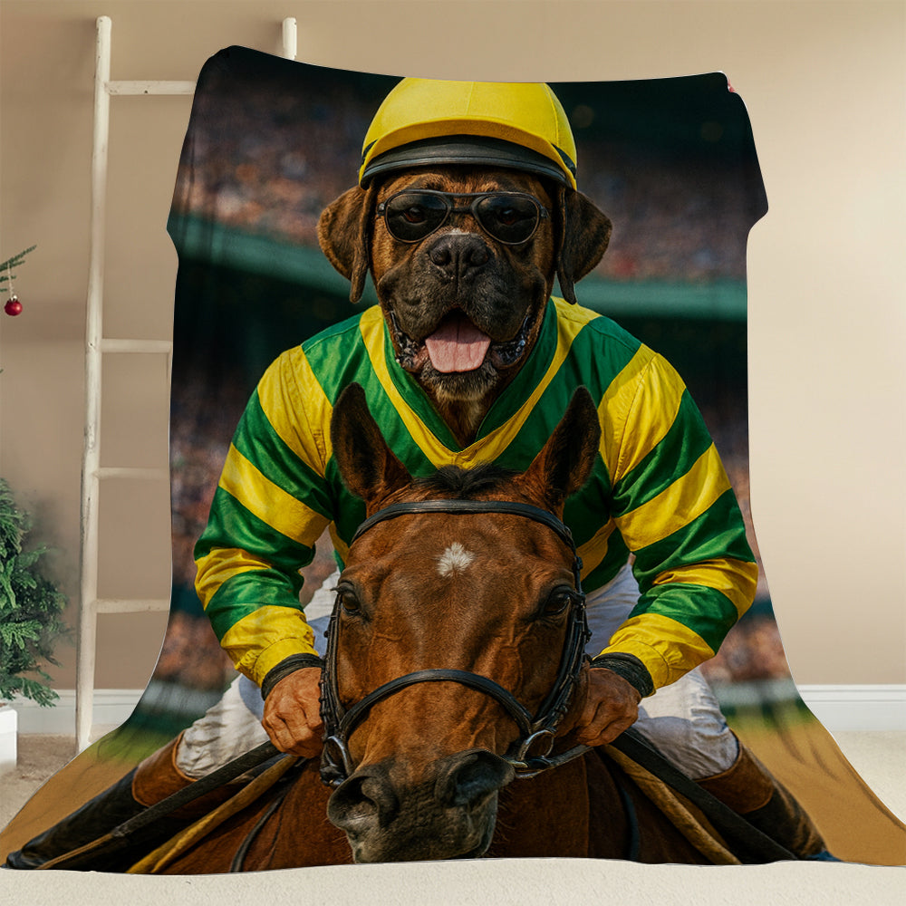 Custom Photo Jockey Horse Racing Dog BlanketGift For Dog Lovers