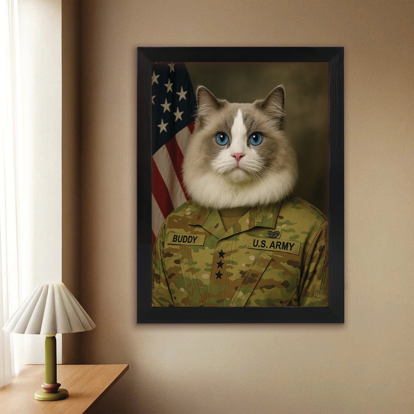 Custom Cat Photo Us Army Canvas Framed Wall Art _ Gift For Cat Lovers