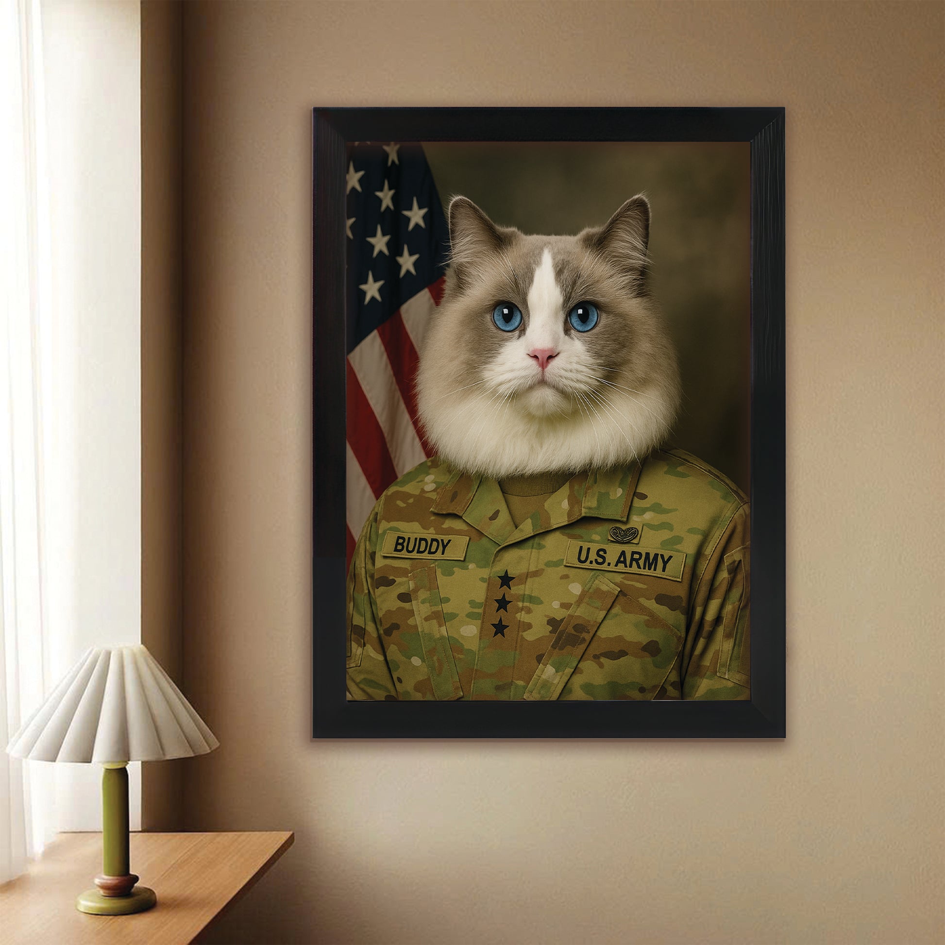 Custom Cat Photo Us Army Canvas Framed Wall Art _ Gift For Cat Lovers