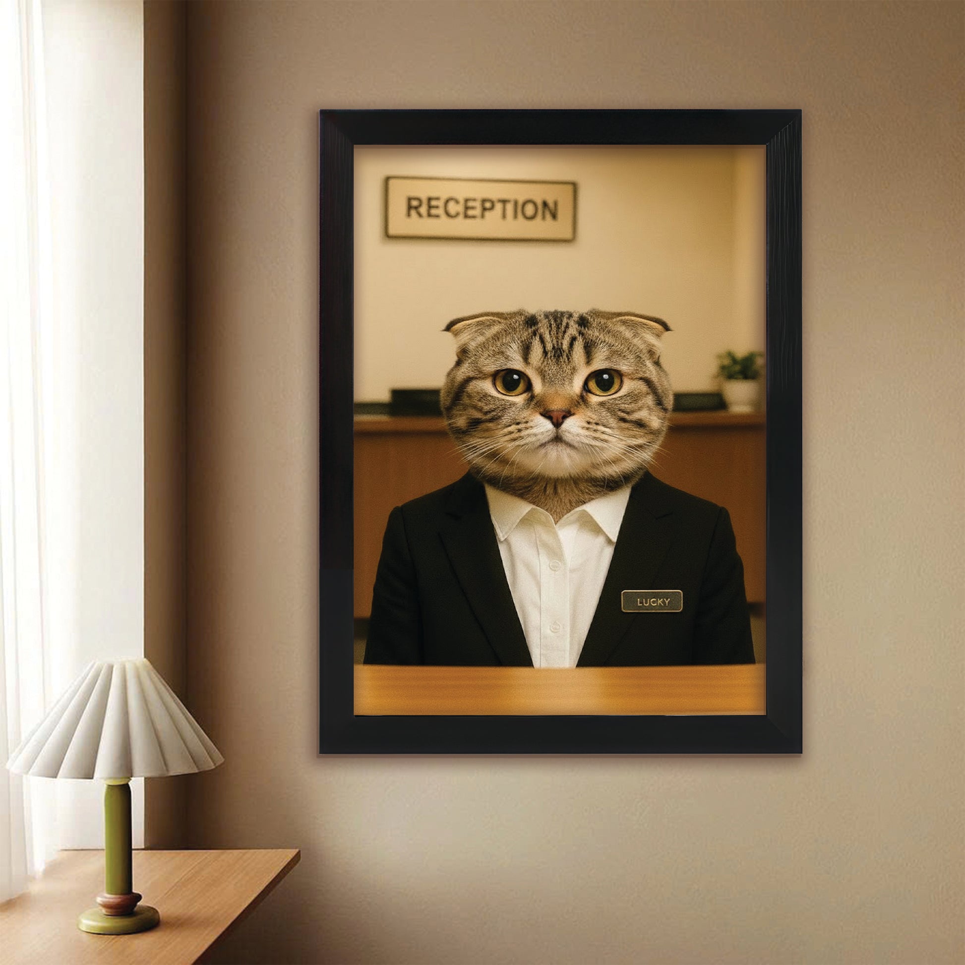 Custom Photo Receptionist Cat Canvas Framed Wall Art Gift For Cat Lovers