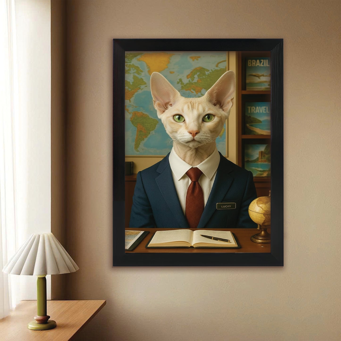 Custom Photo Travel Agent Cat Canvas Framed Wall Art Gift For Cat Lovers