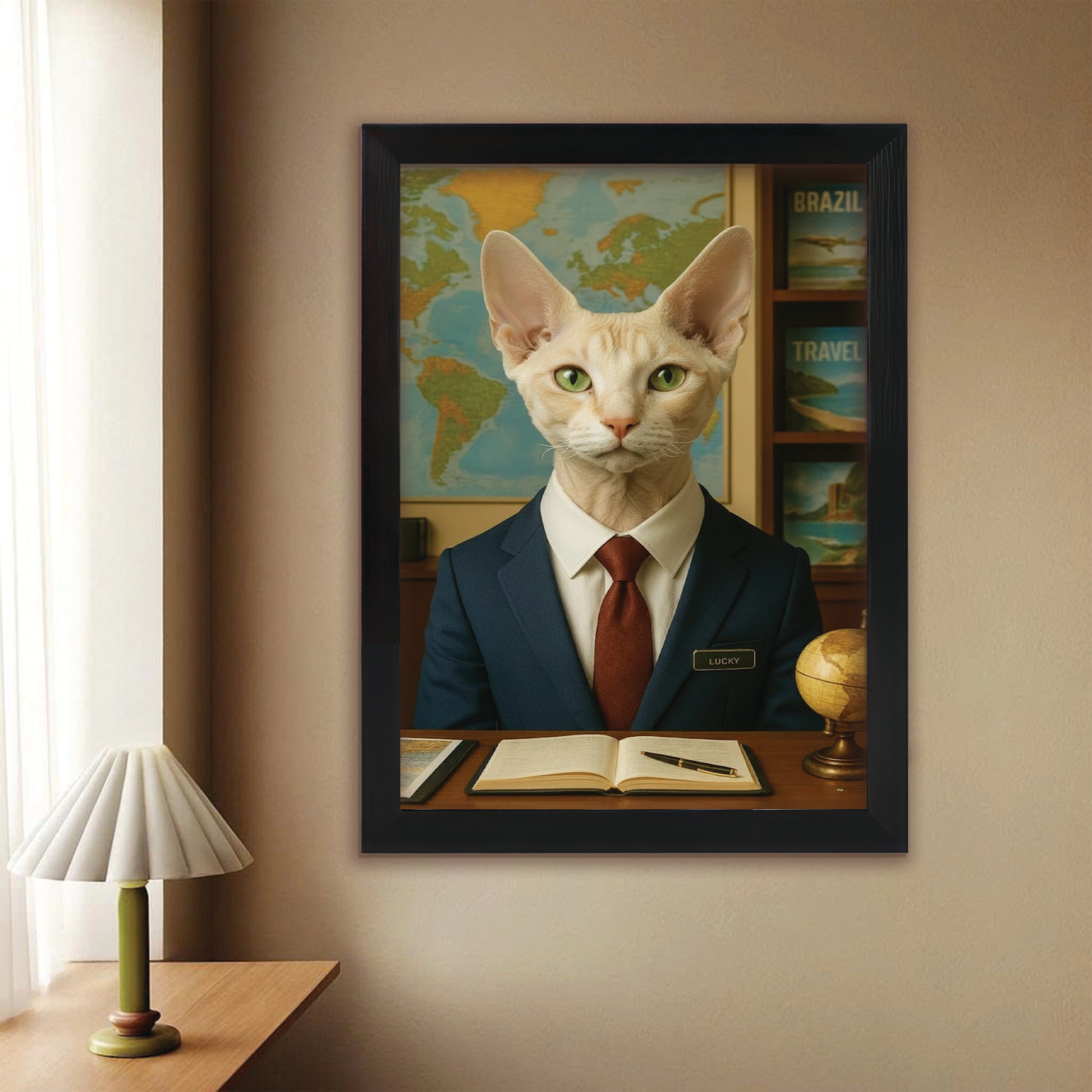 Custom Photo Travel Agent Cat Canvas Framed Wall Art Gift For Cat Lovers