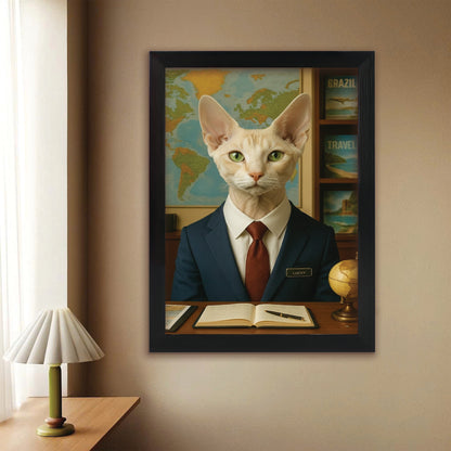 Custom Photo Travel Agent Cat Canvas Framed Wall Art Gift For Cat Lovers