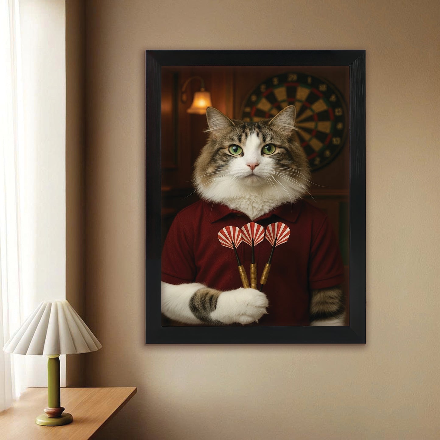 Custom Photo Dart Player Cat Canvas Framed Wall Art  Gift For Cat Lovers