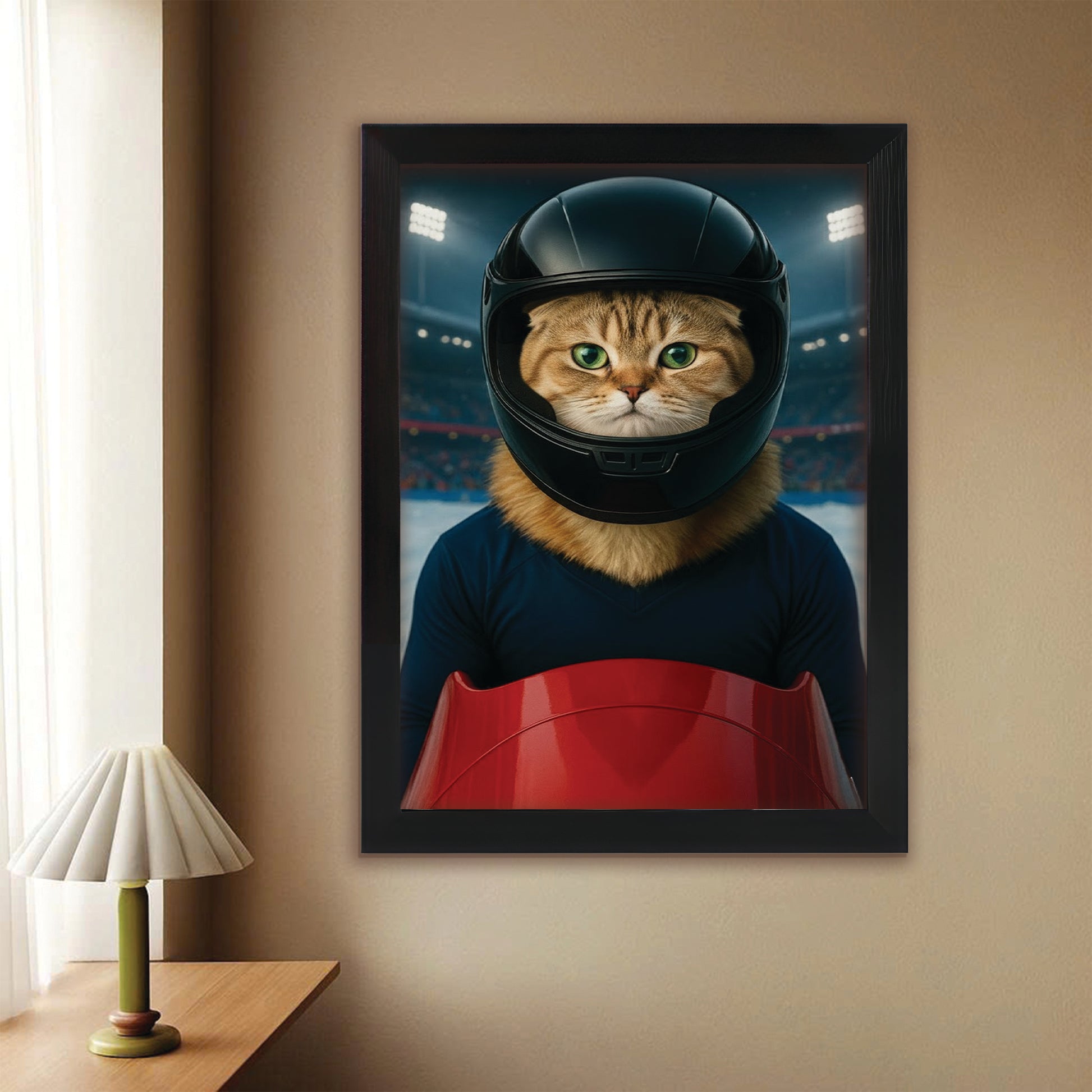 Custom Photo Bobsled Winter Race Cat Canvas Framed Wall Art Gift For Cat Lovers