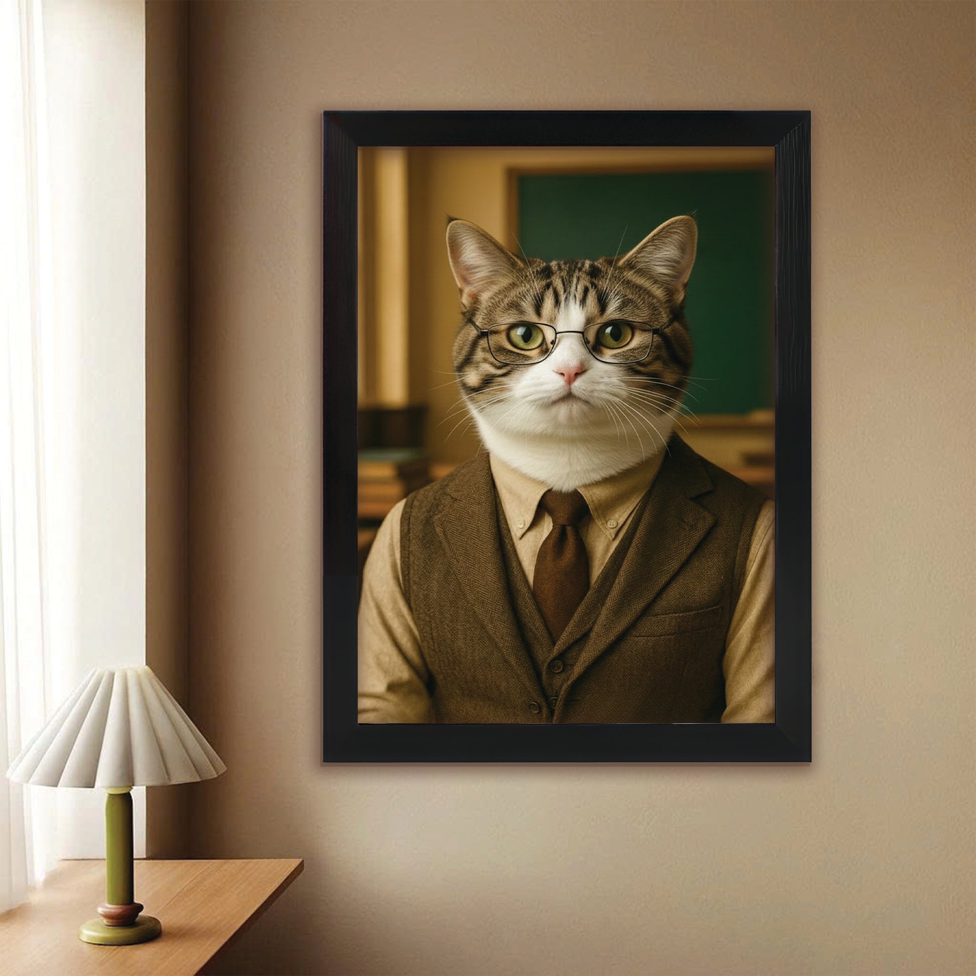 Custom Photo Professor Teacher Cat Canvas Framed Wall Art  Gift For Cat Lovers