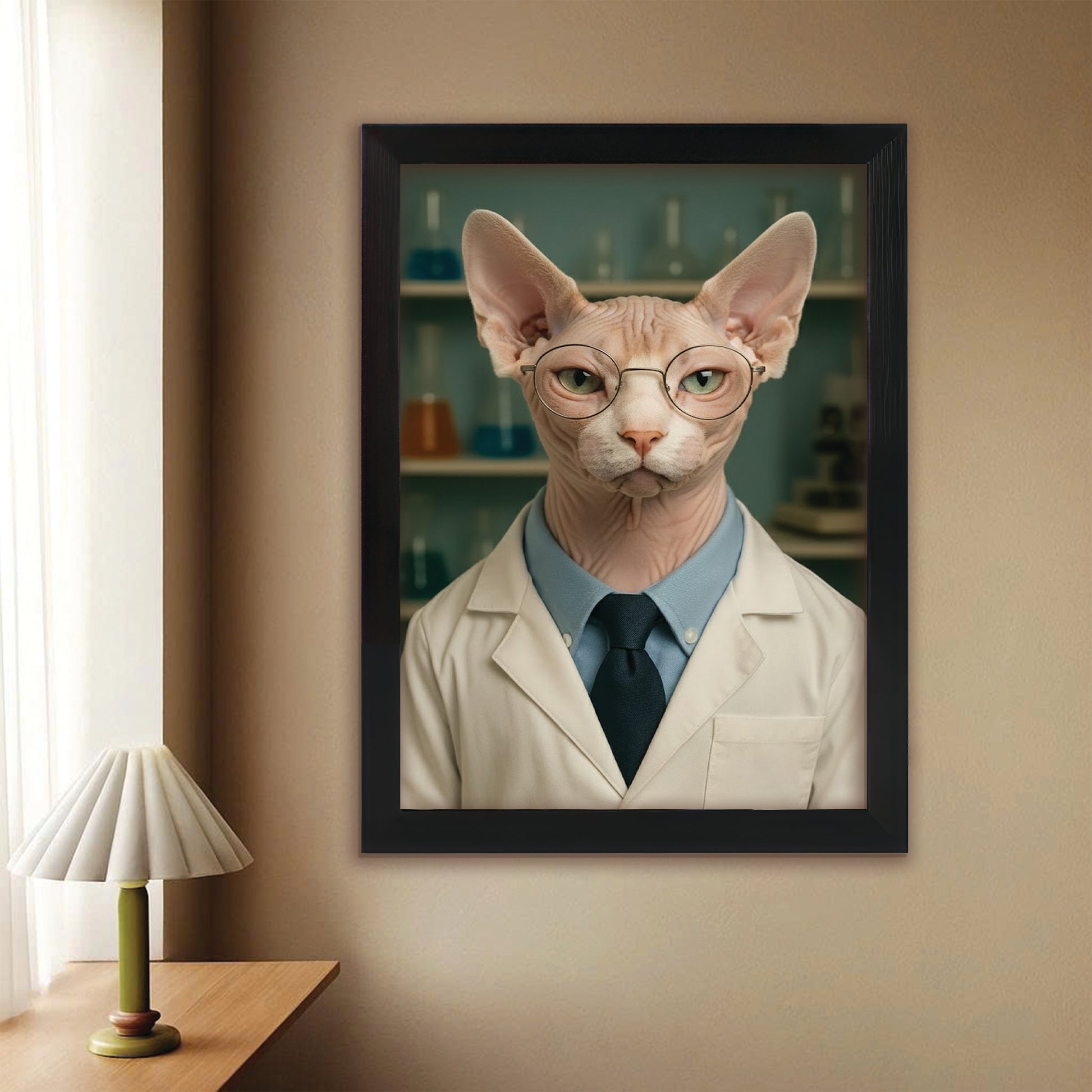Custom Photo Scientist Cat Canvas Framed Wall Art Gift For Cat Lovers