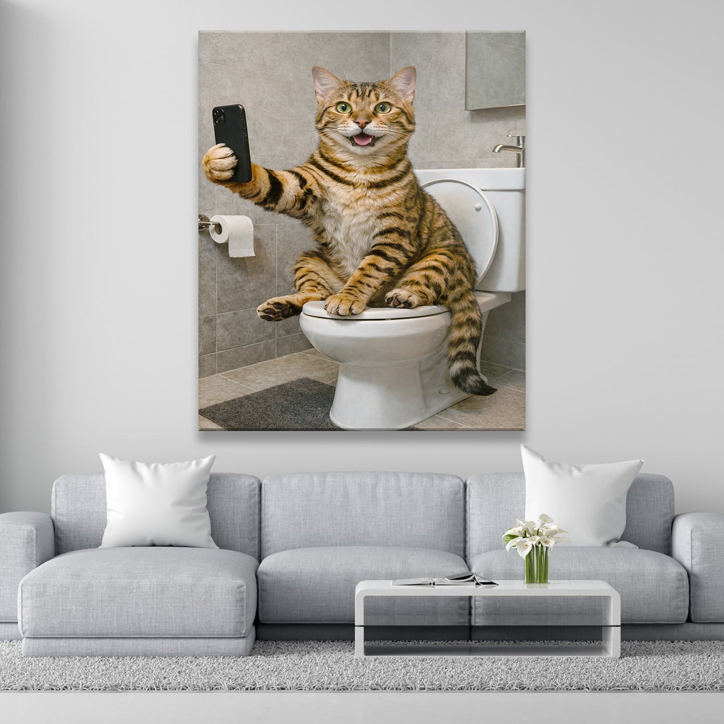 Custom Photo Cat Sefie Bathroom Canvas Gift For Cat Lover