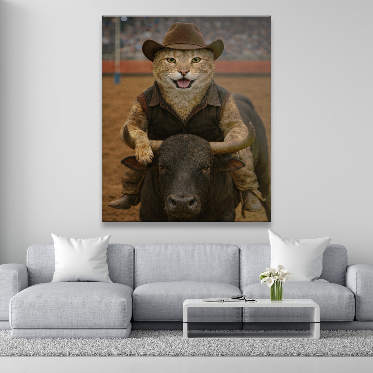 Custom Photo Bull Rider Cowboy Cat Canvas Gift For Cat Lovers