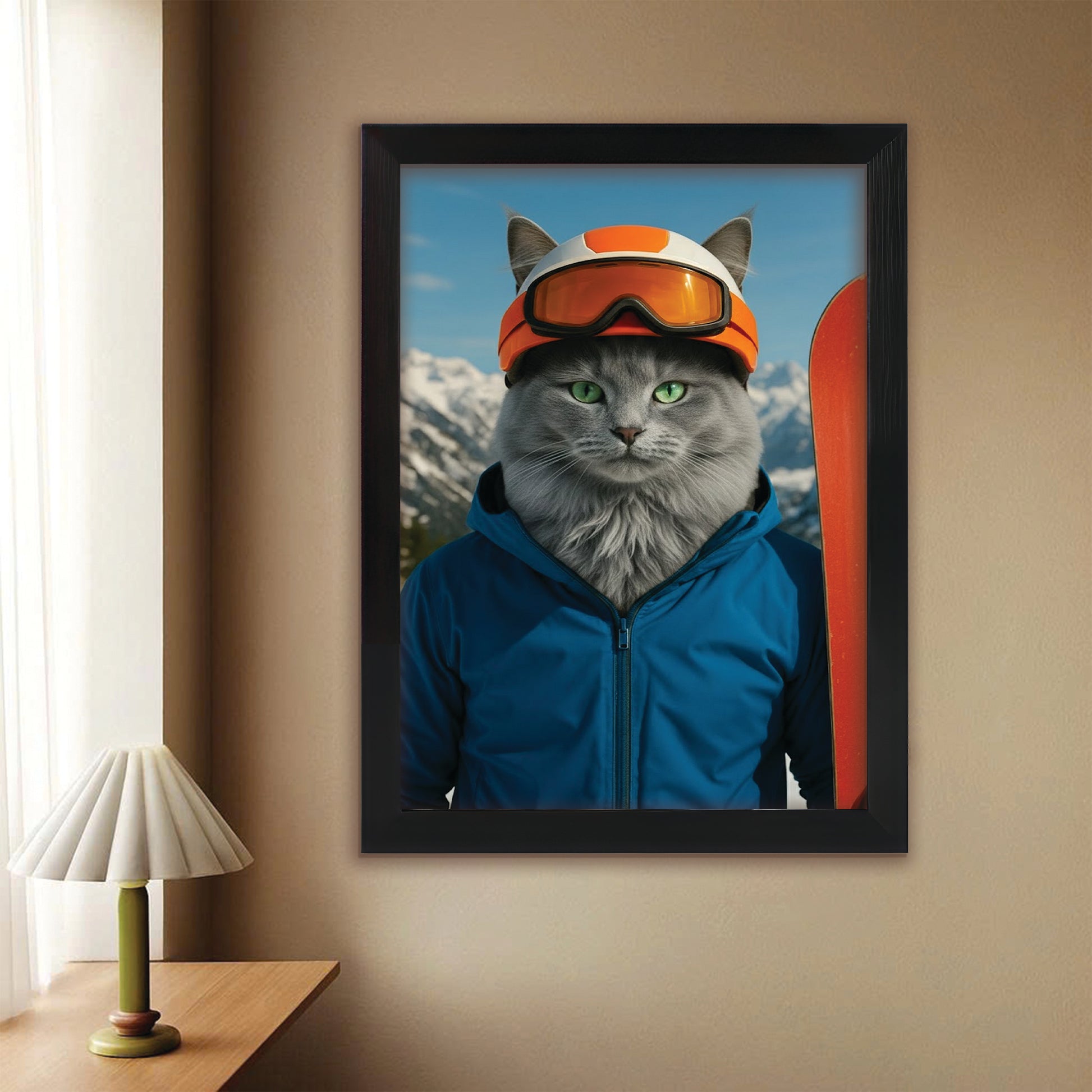 Custom Photo Snowboarder Cat Canvas Framed Wall Art Gift For Cat Lovers